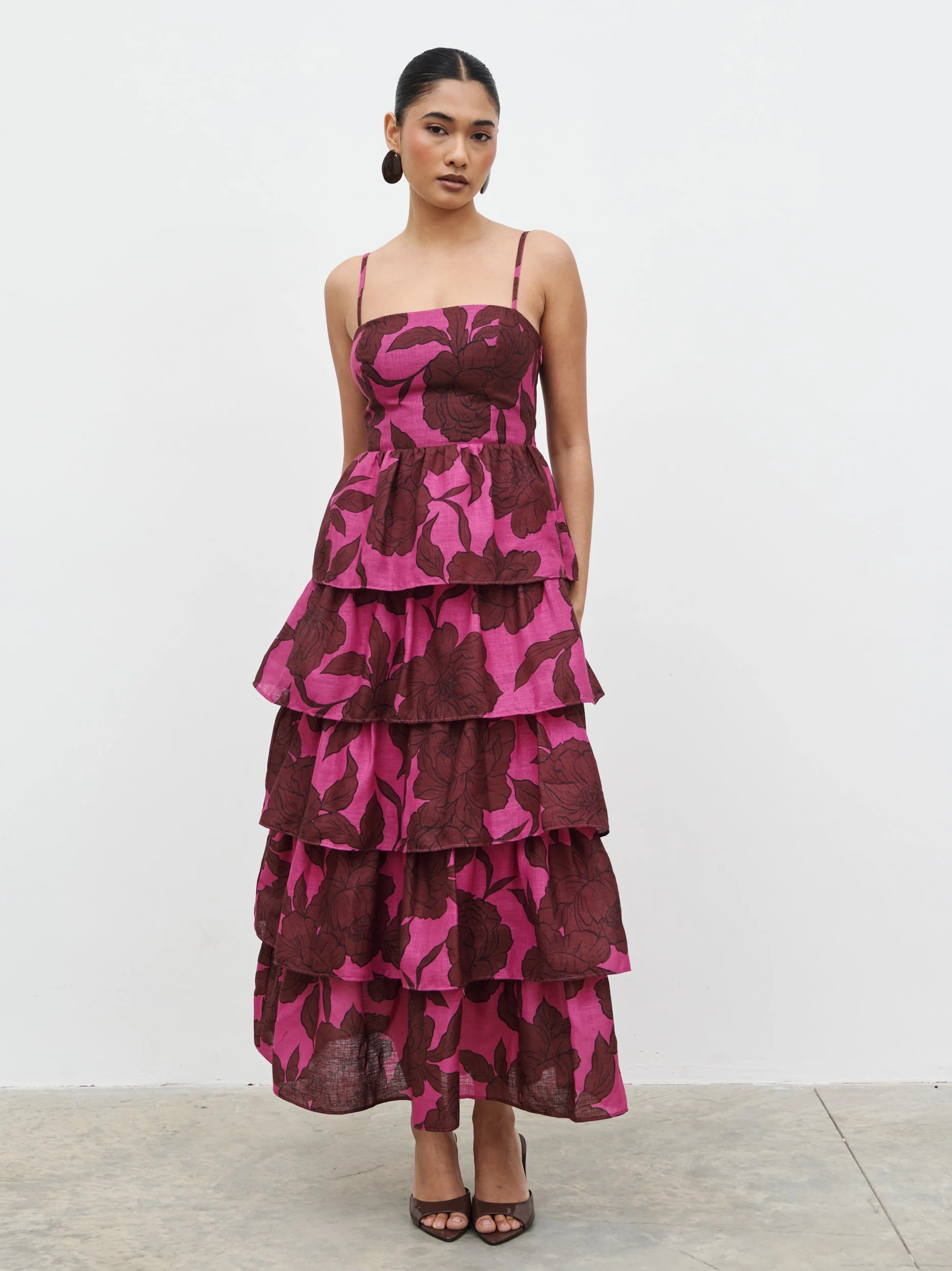 Aalyiah Square Neck Ruffle Midaxi Dress - Brown and Fuchsia Floral - Image 2