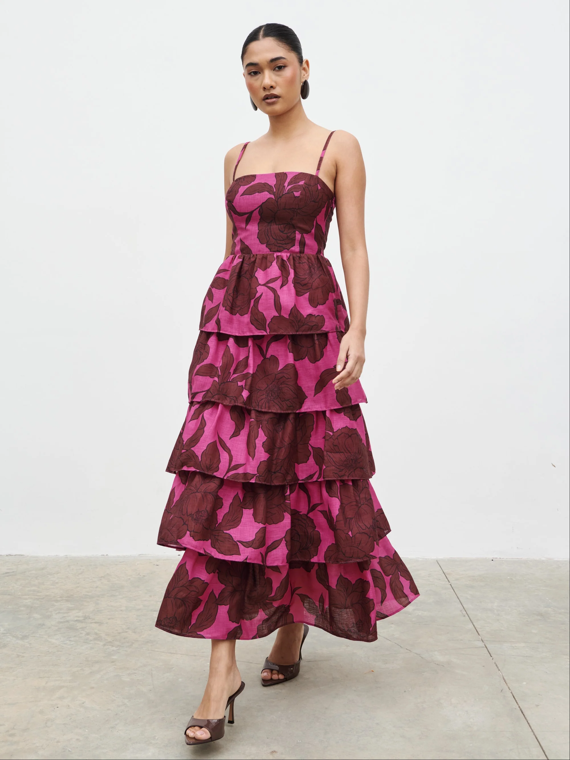 Aalyiah Square Neck Ruffle Midaxi Dress - Brown and Fuchsia Floral - Image 3