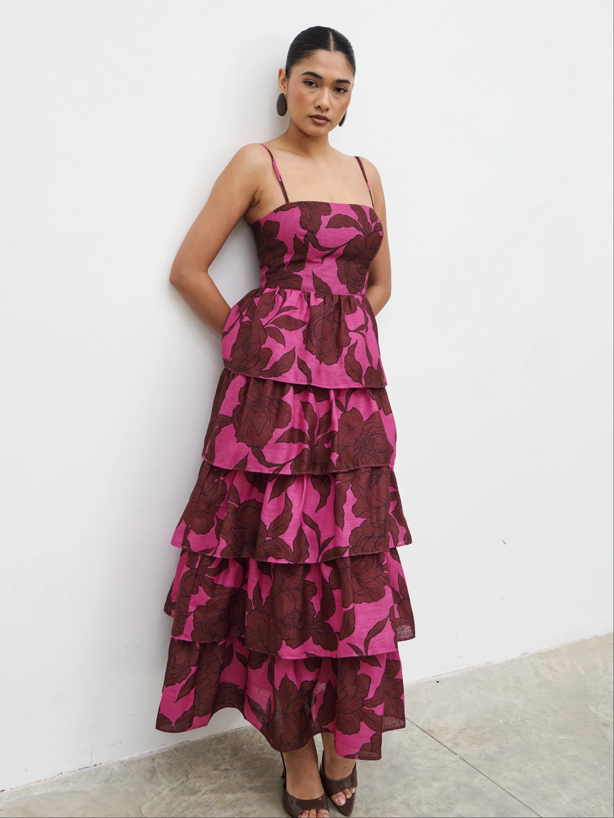 Aalyiah Square Neck Ruffle Midaxi Dress - Brown and Fuchsia Floral - Image 4