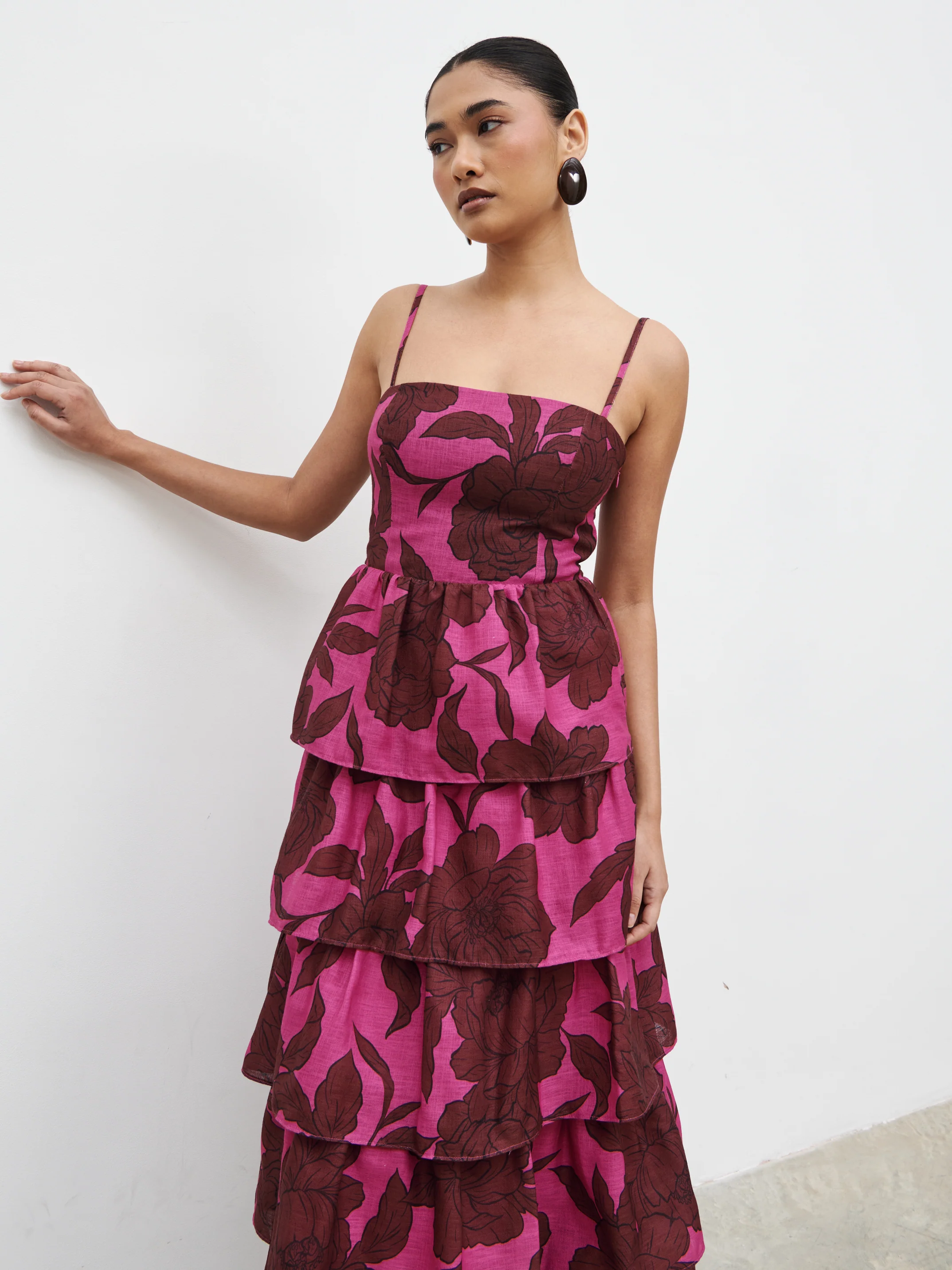 Aalyiah Square Neck Ruffle Midaxi Dress - Brown and Fuchsia Floral - Image 5