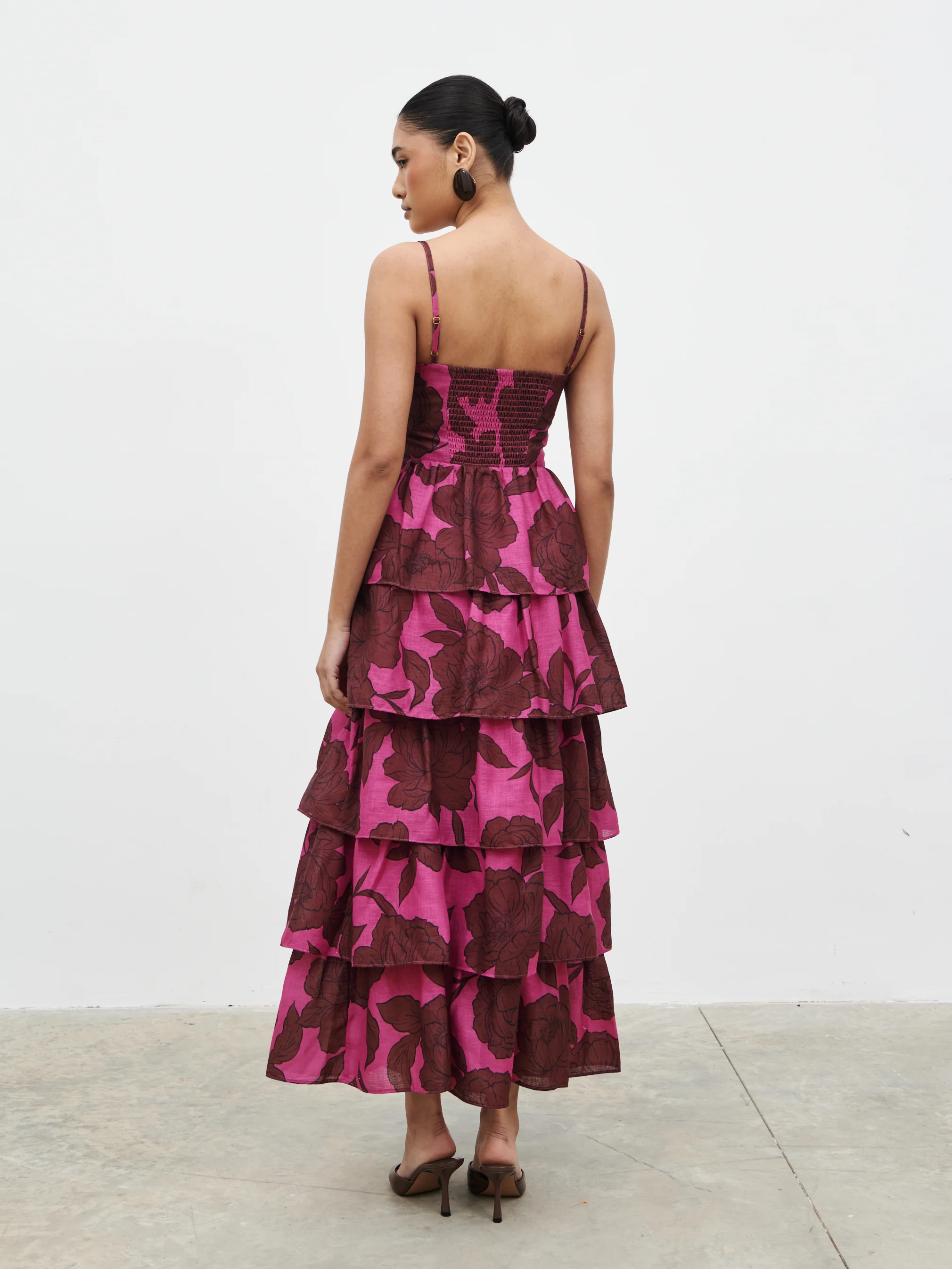 Aalyiah Square Neck Ruffle Midaxi Dress - Brown and Fuchsia Floral - Image 7