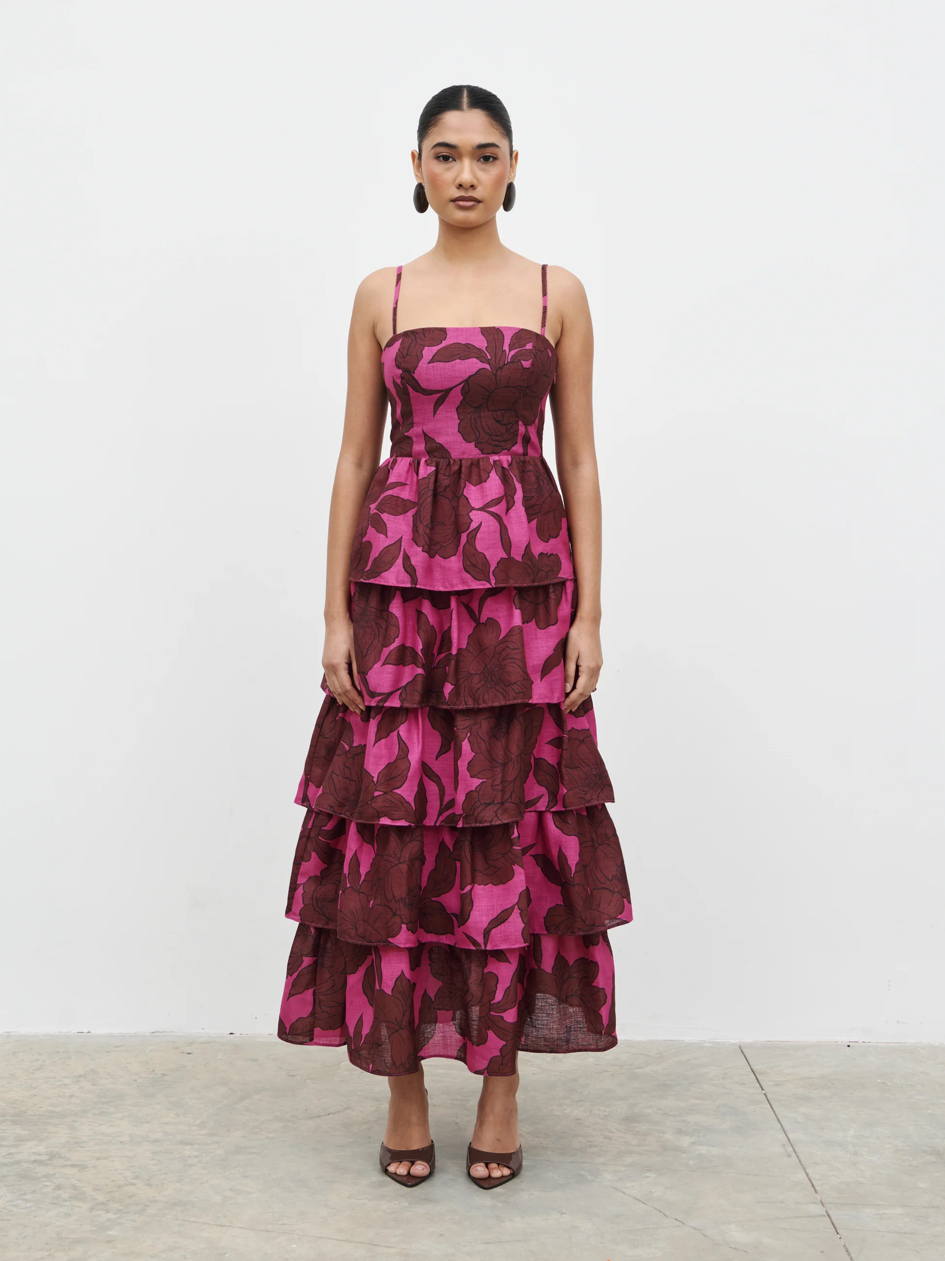 Aalyiah Square Neck Ruffle Midaxi Dress - Brown and Fuchsia Floral - Image 8