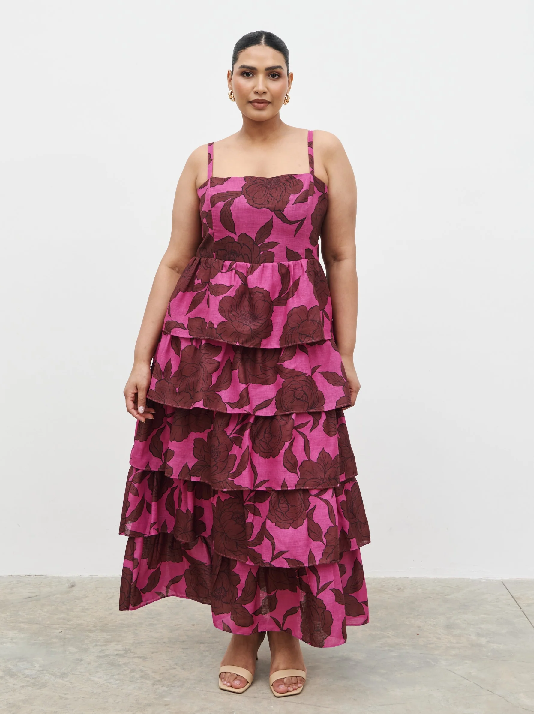Aalyiah Square Neck Ruffle Midaxi Dress Curve - Brown and Fuchsia Floral - Image 2