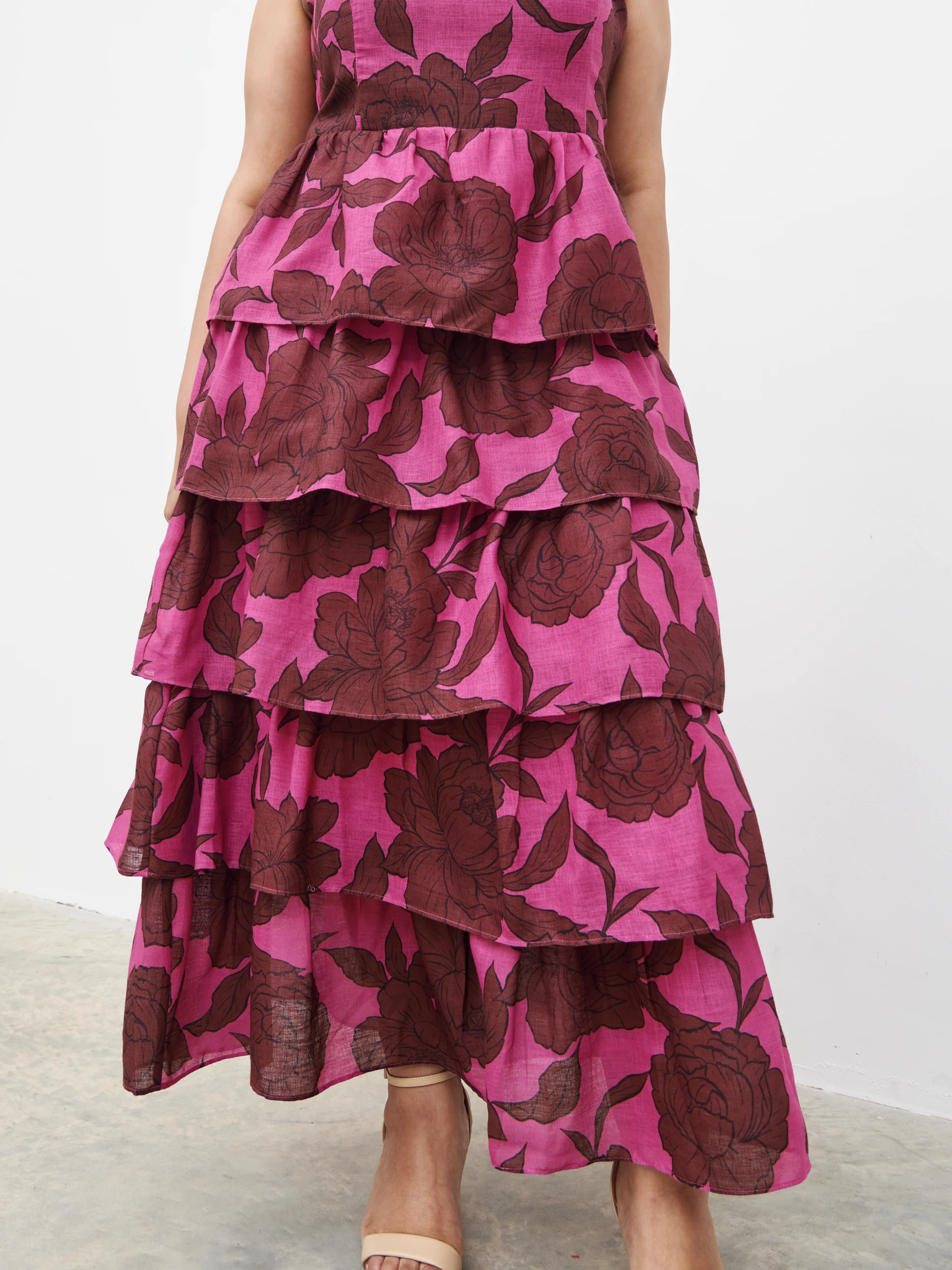 Aalyiah Square Neck Ruffle Midaxi Dress Curve - Brown and Fuchsia Floral - Image 4