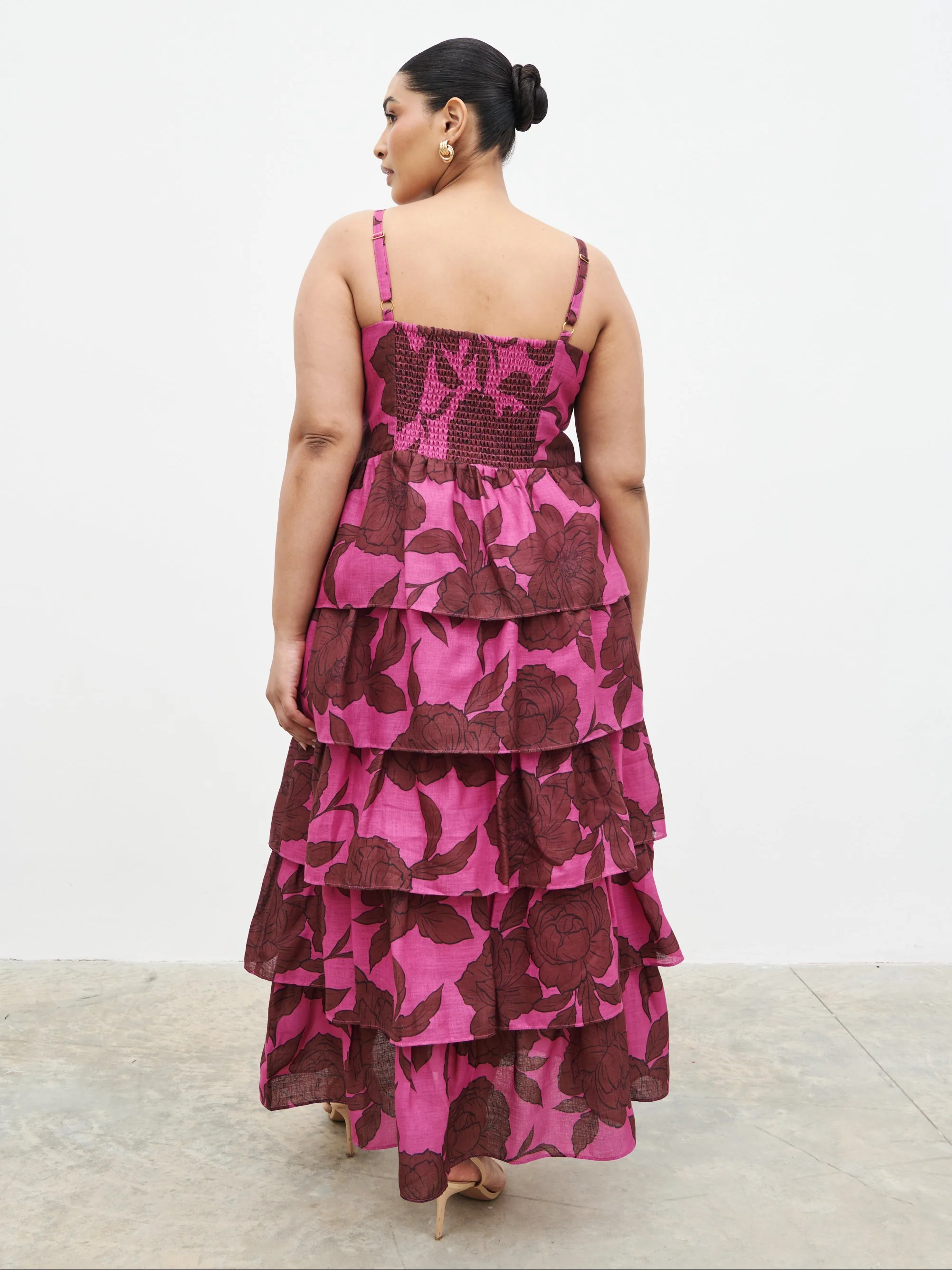 Aalyiah Square Neck Ruffle Midaxi Dress Curve - Brown and Fuchsia Floral - Image 5