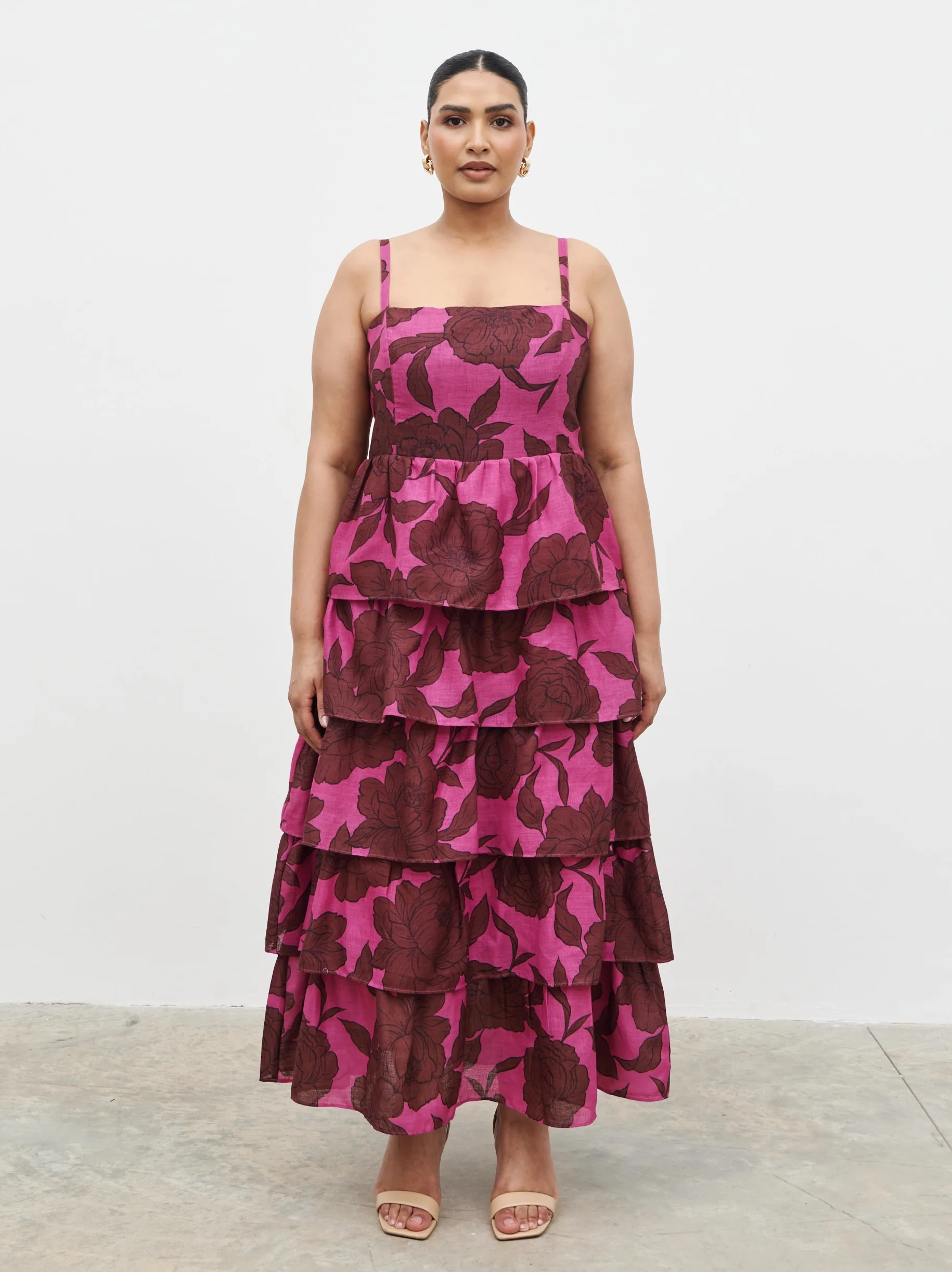 Aalyiah Square Neck Ruffle Midaxi Dress Curve - Brown and Fuchsia Floral - Image 6