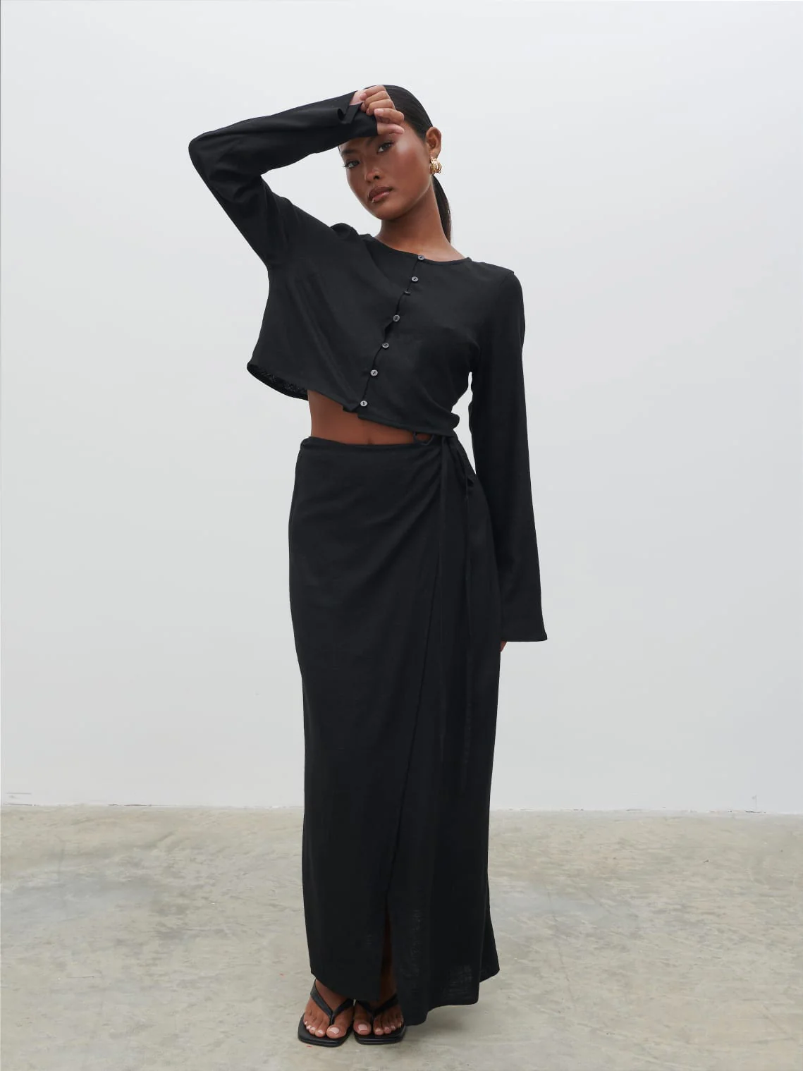 Abigail Button Front Linen Blouse - Black - Image 2