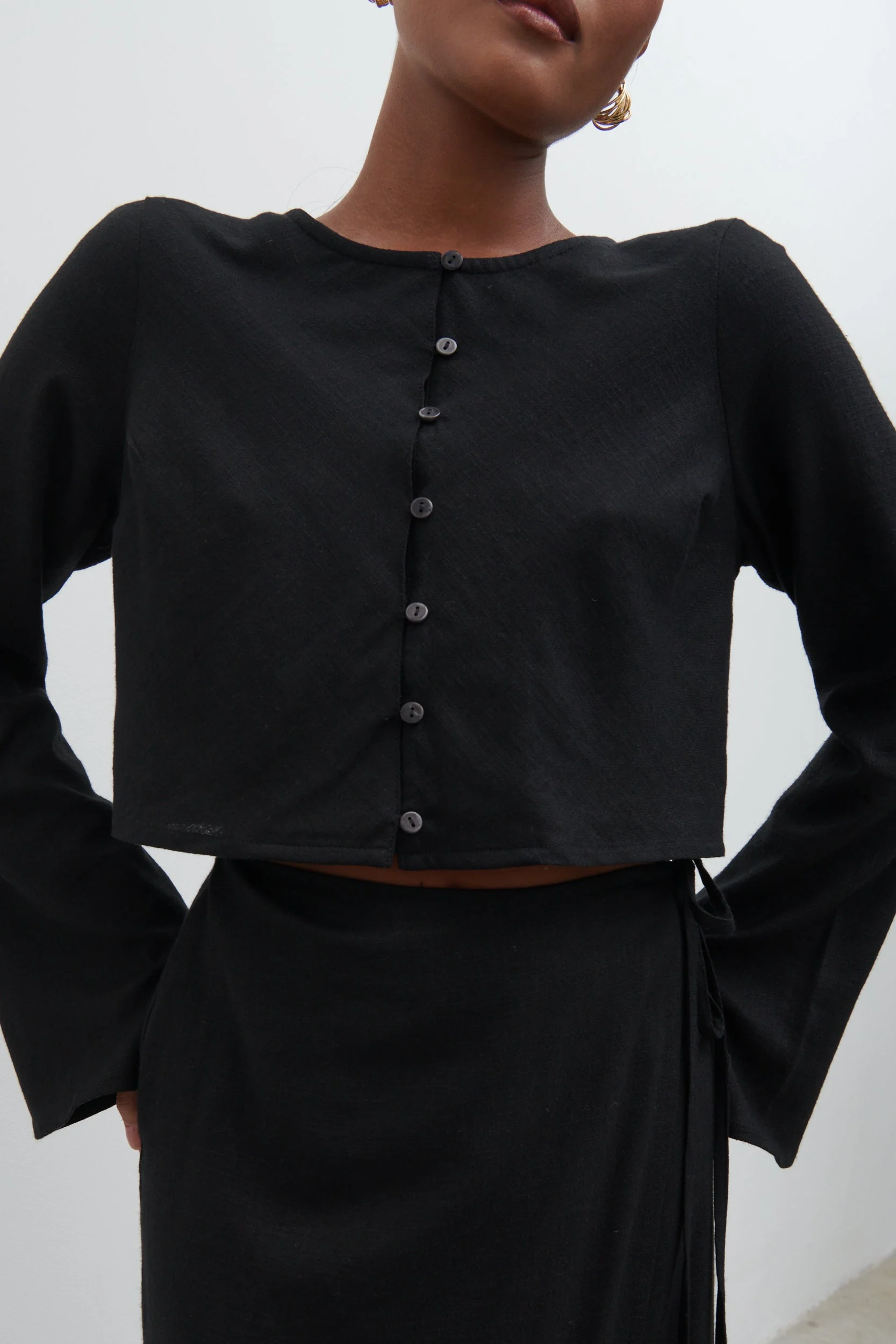 Abigail Button Front Linen Blouse - Black - Image 6