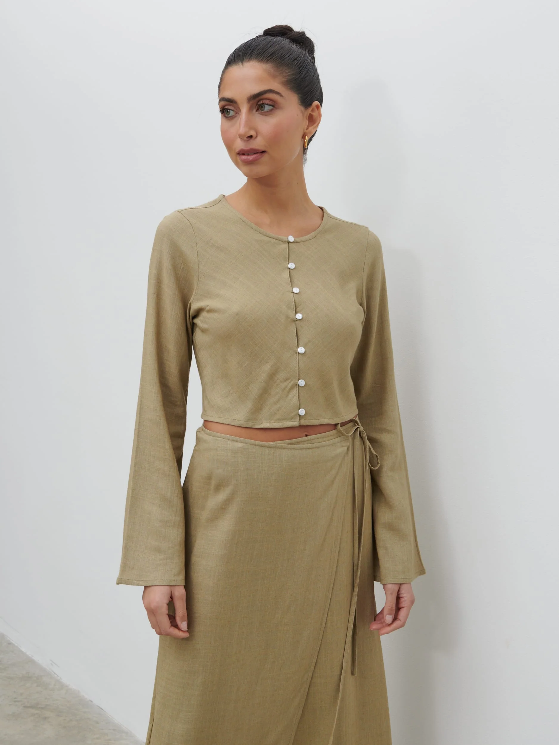 Abigail Button Front Linen Blouse - Olive - Image 3