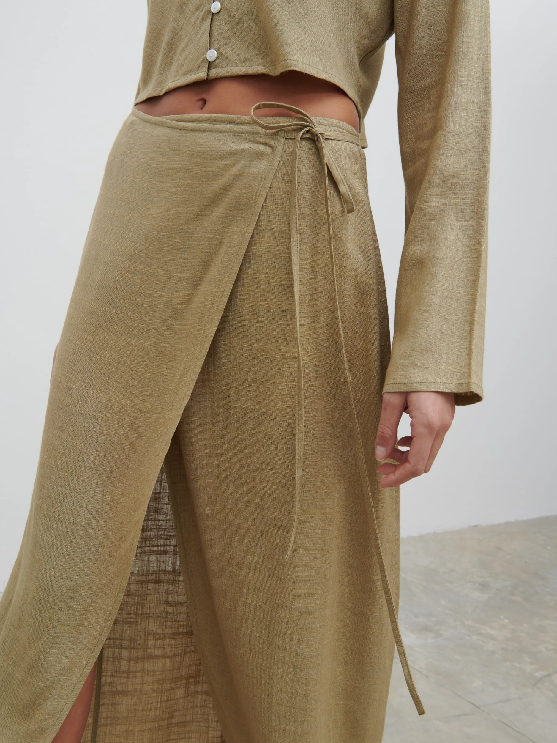 Abigail Wrap Linen Midaxi Skirt - Olive - Image 2