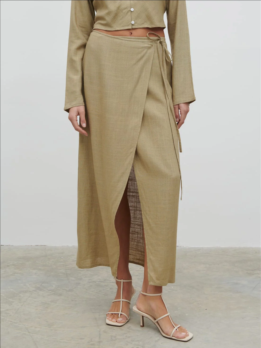 Abigail Wrap Linen Midaxi Skirt - Olive - Image 3