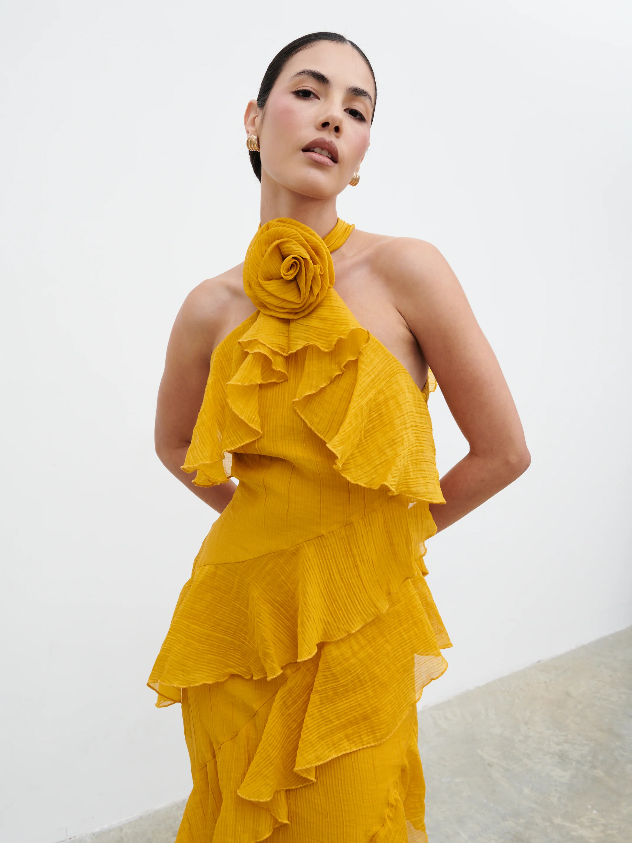 Addison Corsage Ruffle Maxi Dress - Yellow Ochre - Image 3