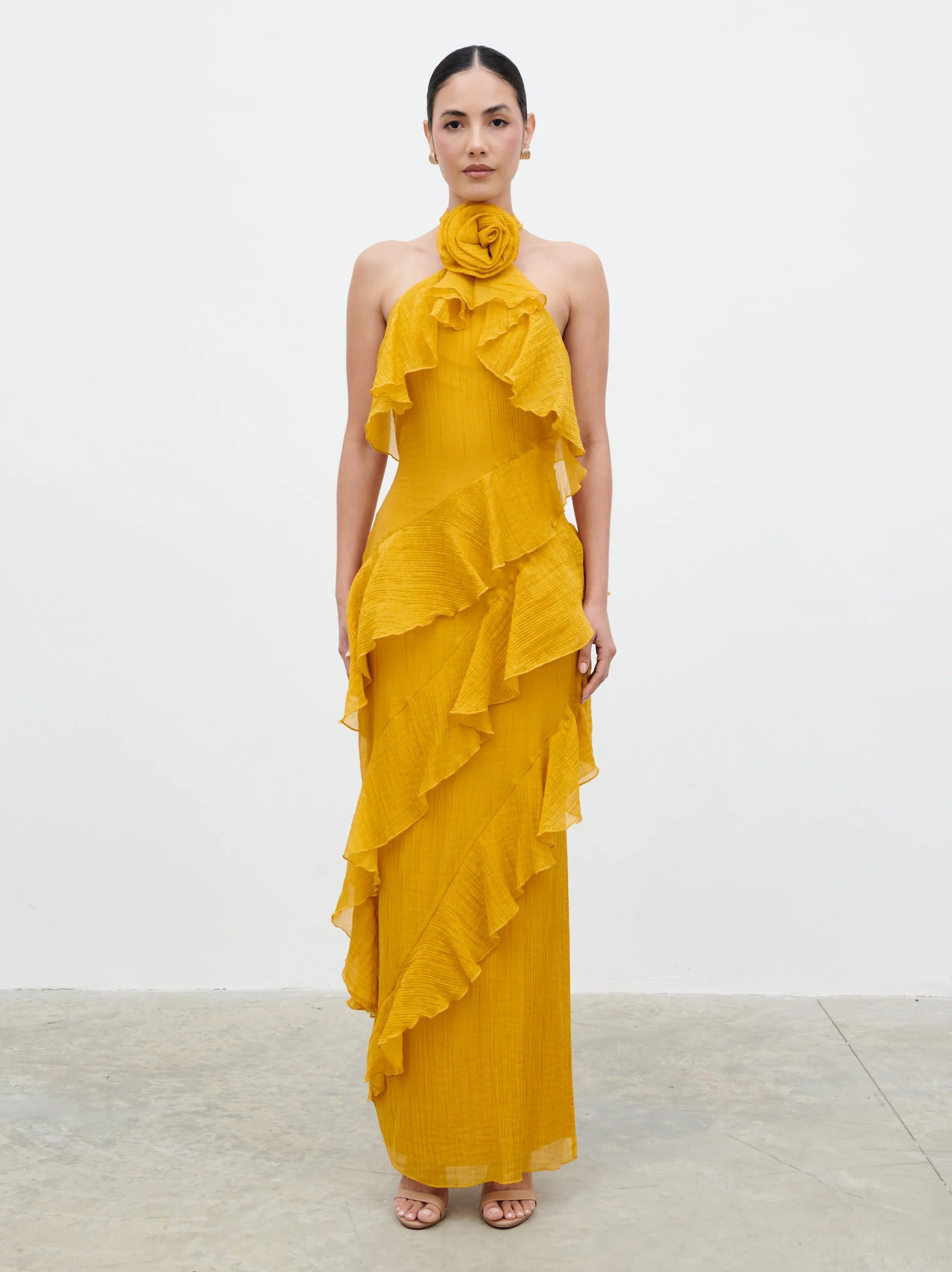 Addison Corsage Ruffle Maxi Dress - Yellow Ochre - Image 8