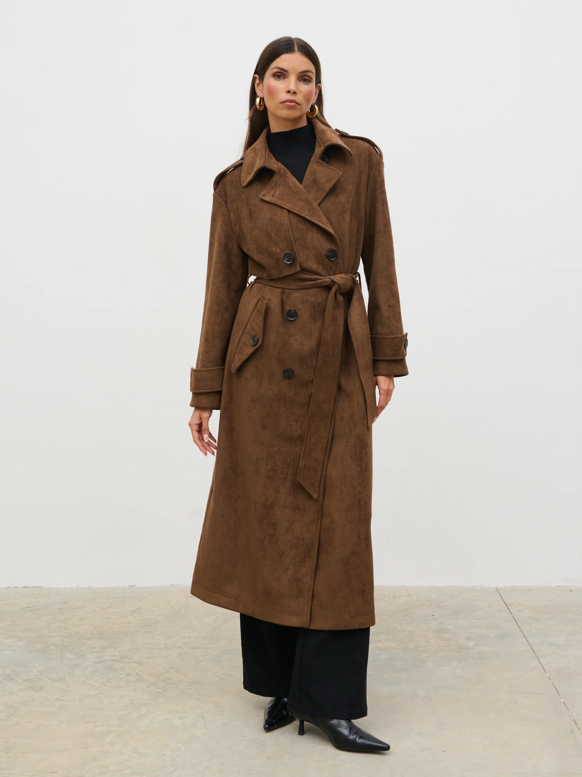 Agnes Longline Faux Suede Trench Coat - Chocolate Brown - Image 3