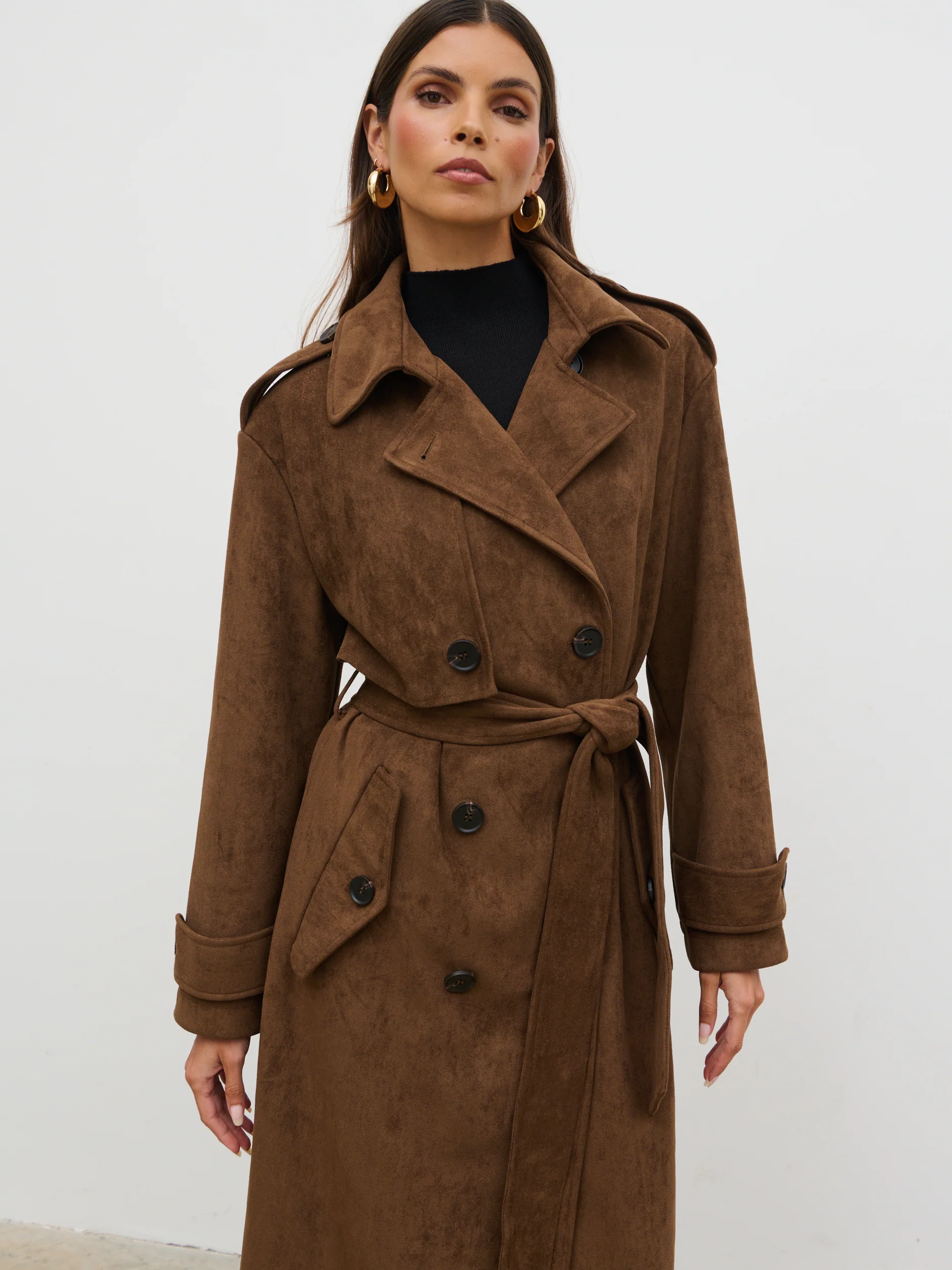 Agnes Longline Faux Suede Trench Coat - Chocolate Brown - Image 4
