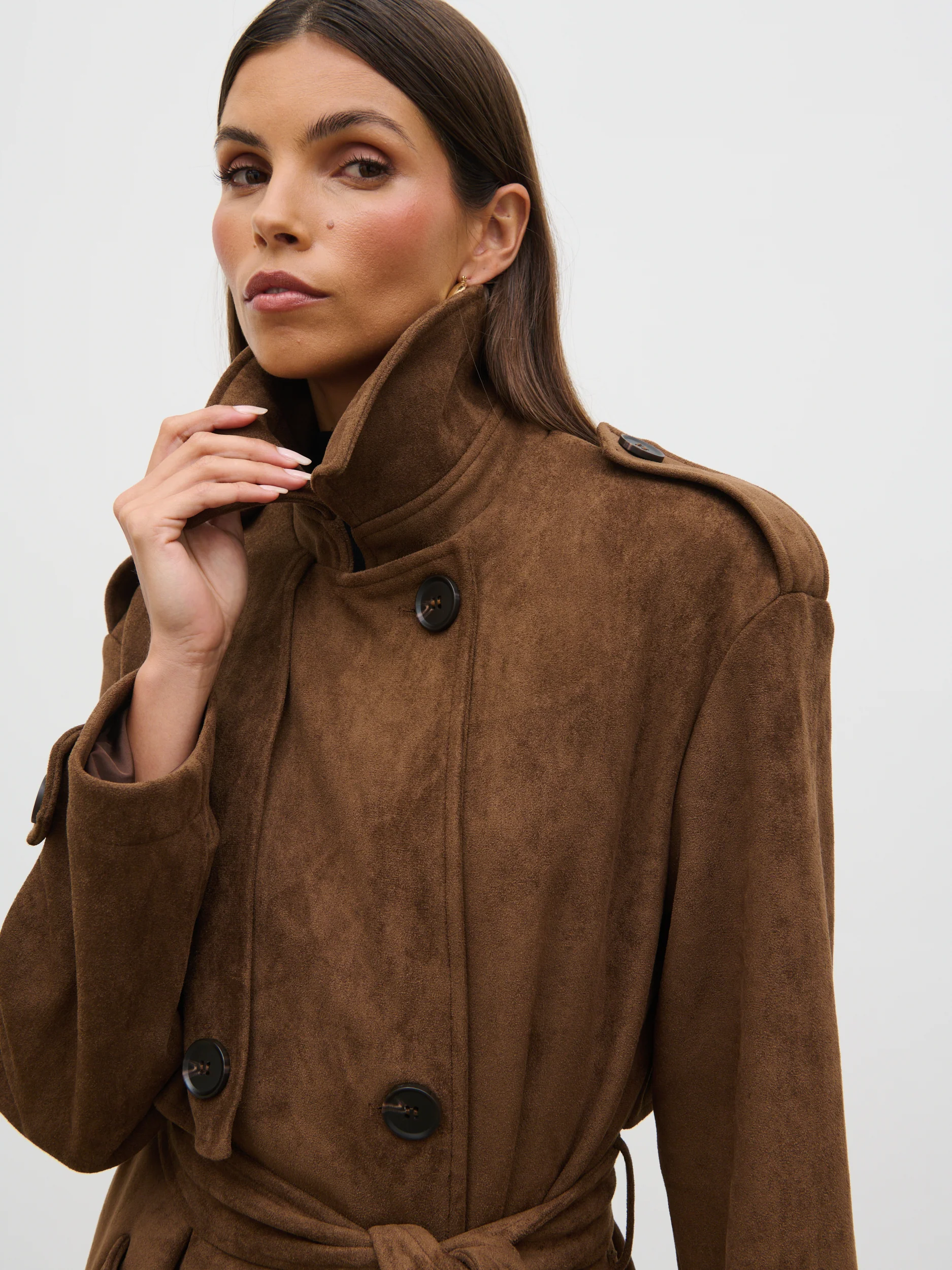 Agnes Longline Faux Suede Trench Coat - Chocolate Brown - Image 5