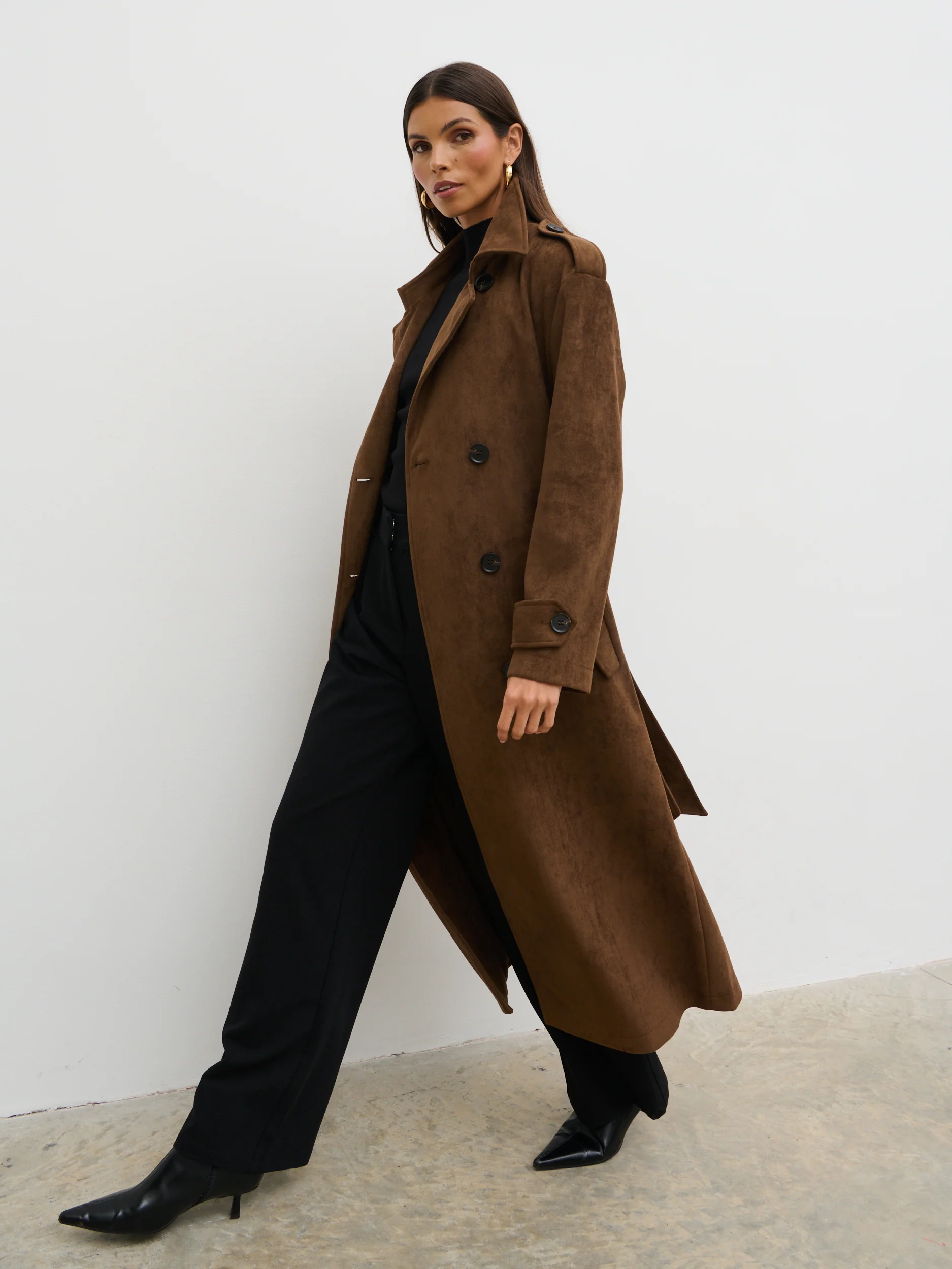 Agnes Longline Faux Suede Trench Coat - Chocolate Brown - Image 6