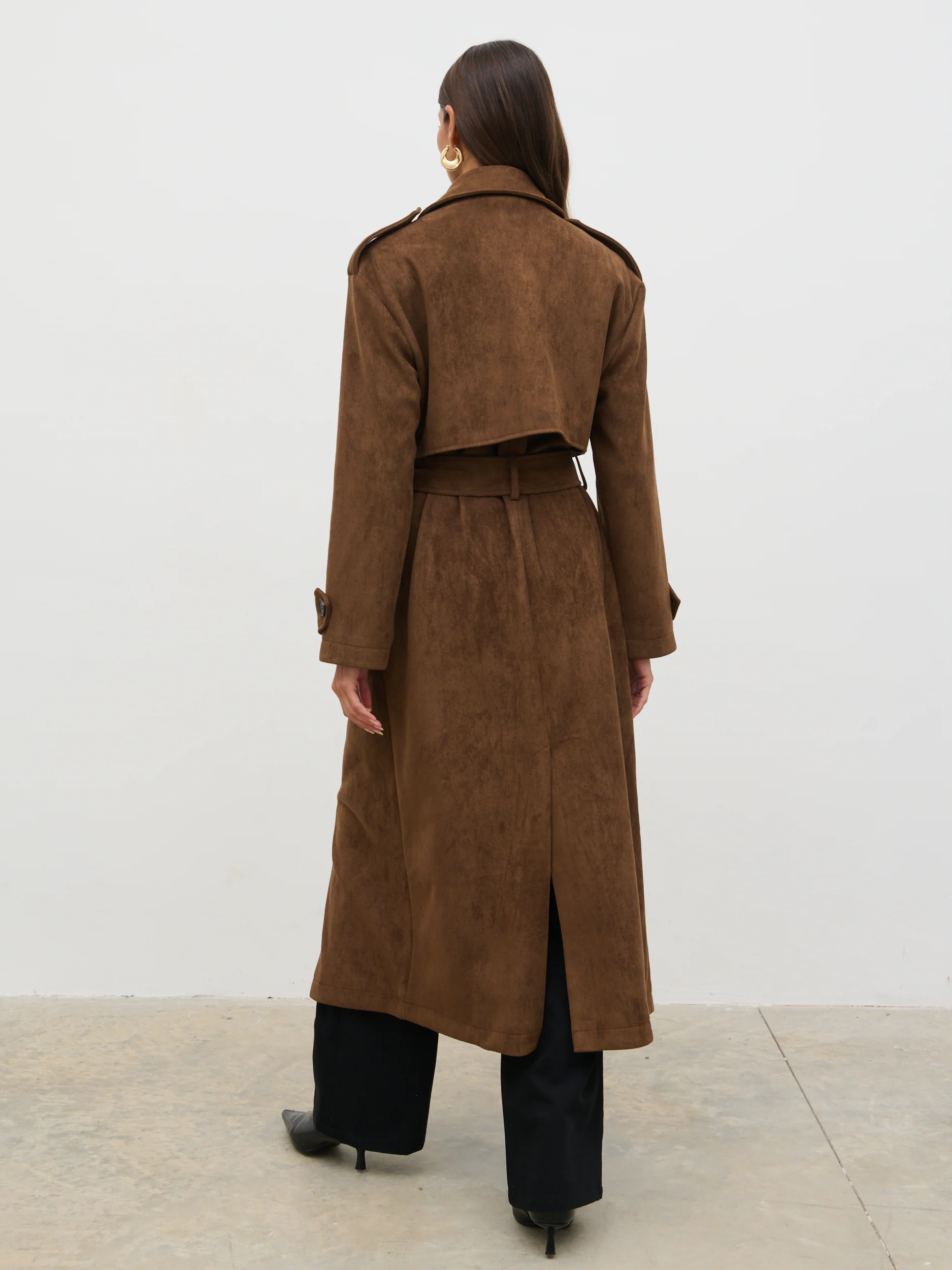 Agnes Longline Faux Suede Trench Coat - Chocolate Brown - Image 7