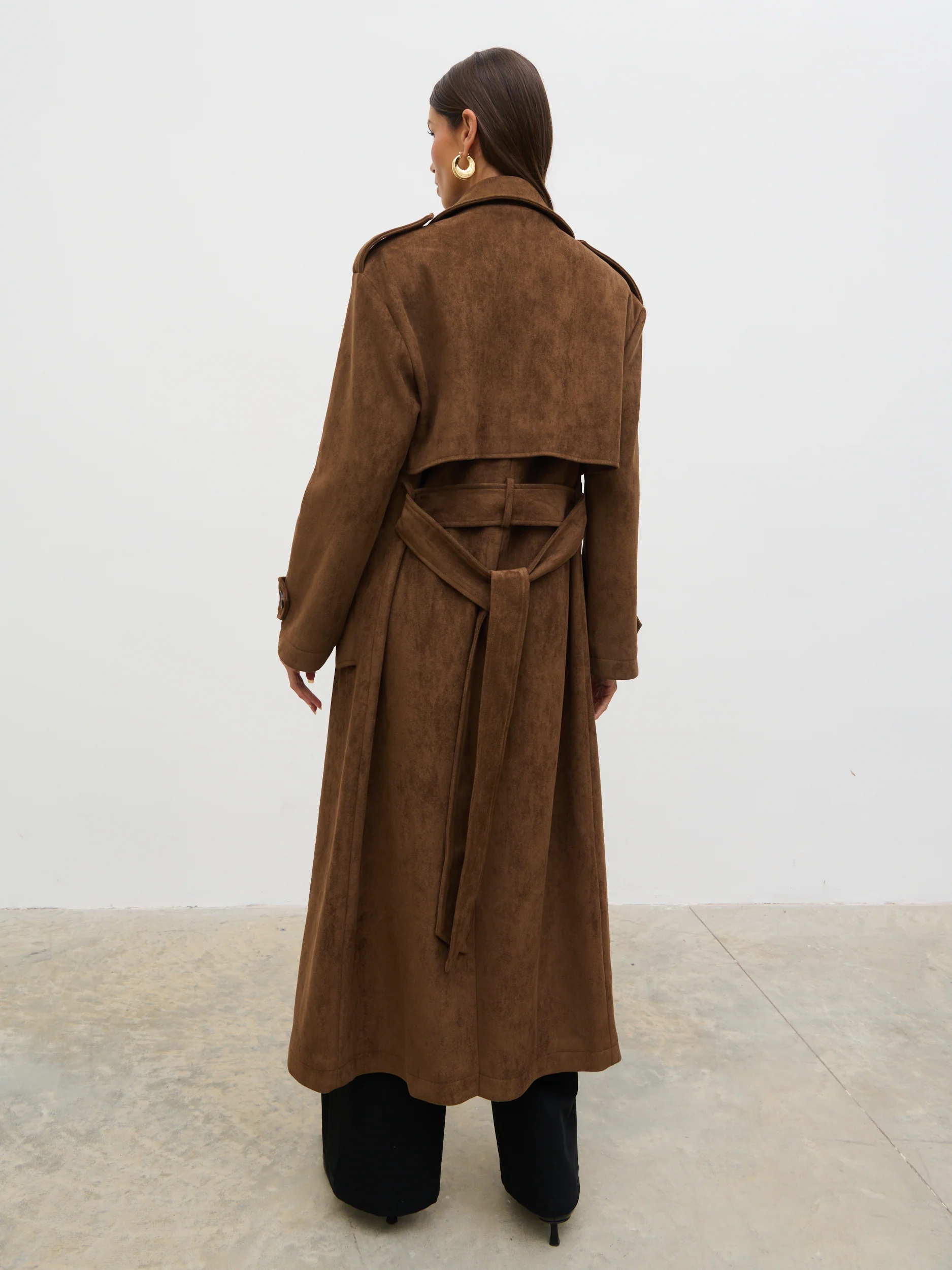 Agnes Longline Faux Suede Trench Coat - Chocolate Brown - Image 8