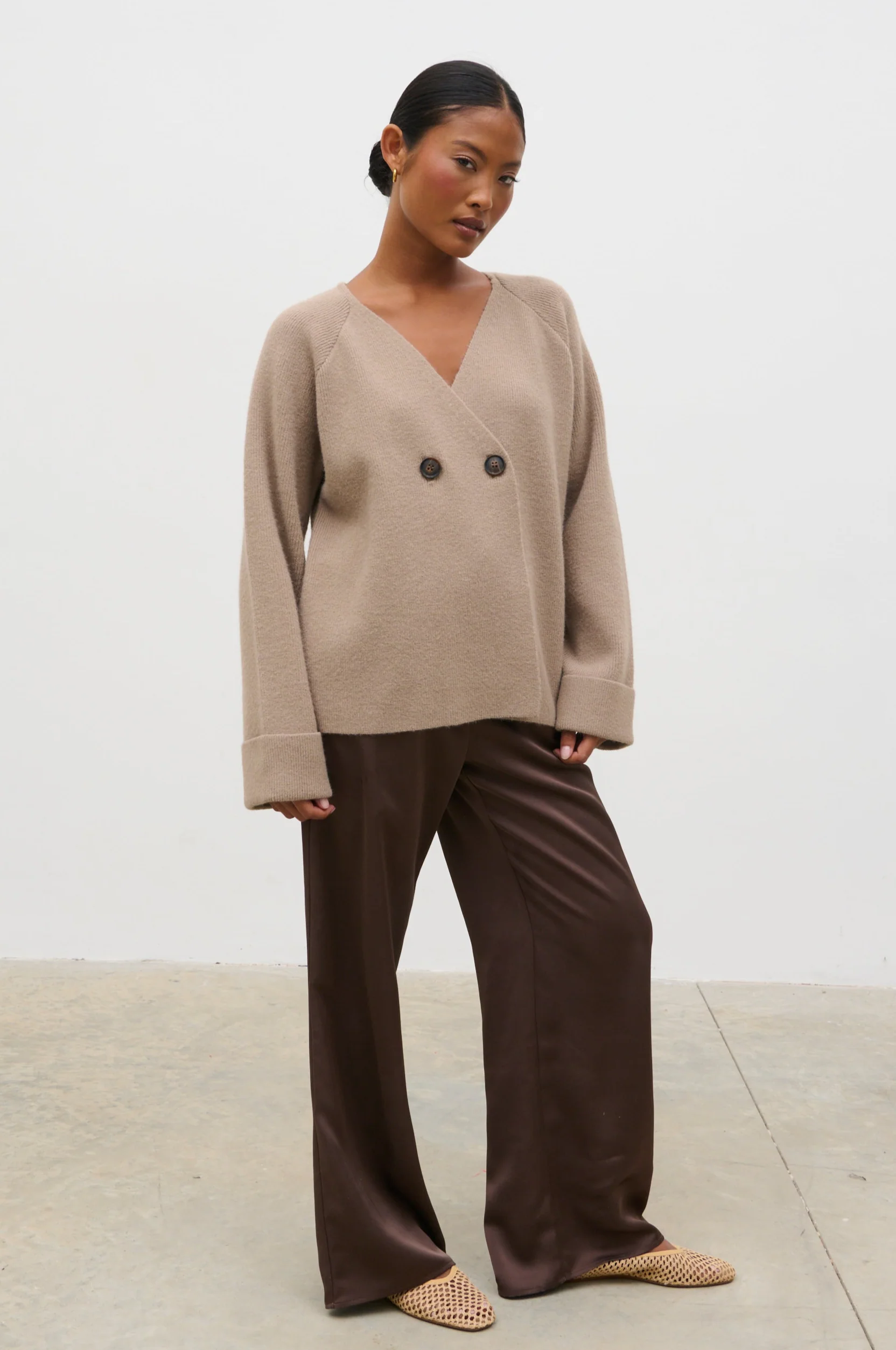 Aisha Double Breasted Knit Cardigan - Dusty Taupe - Image 2