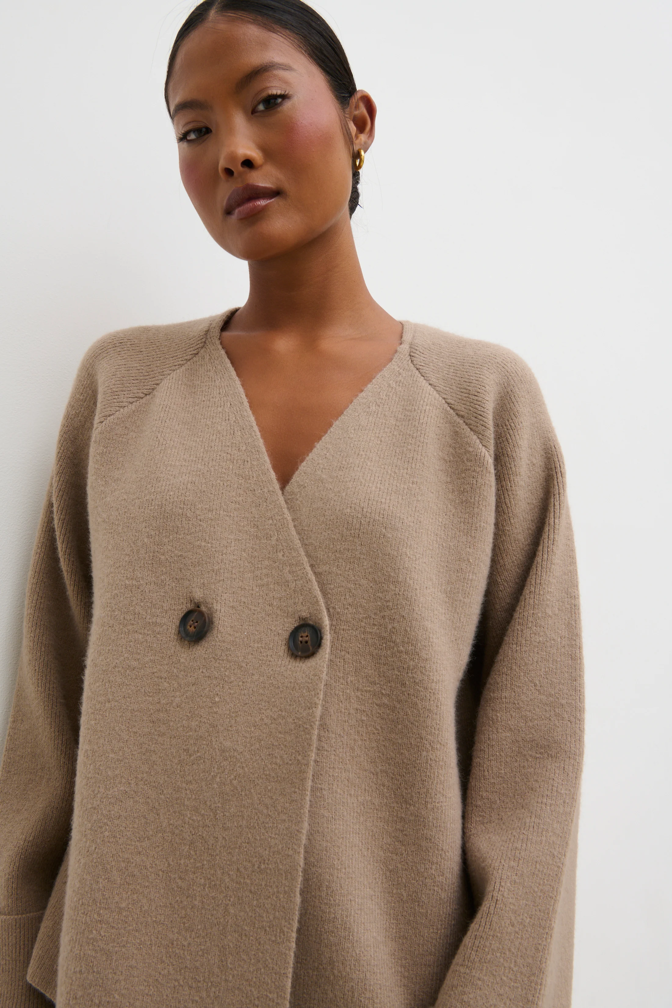Aisha Double Breasted Knit Cardigan - Dusty Taupe - Image 3