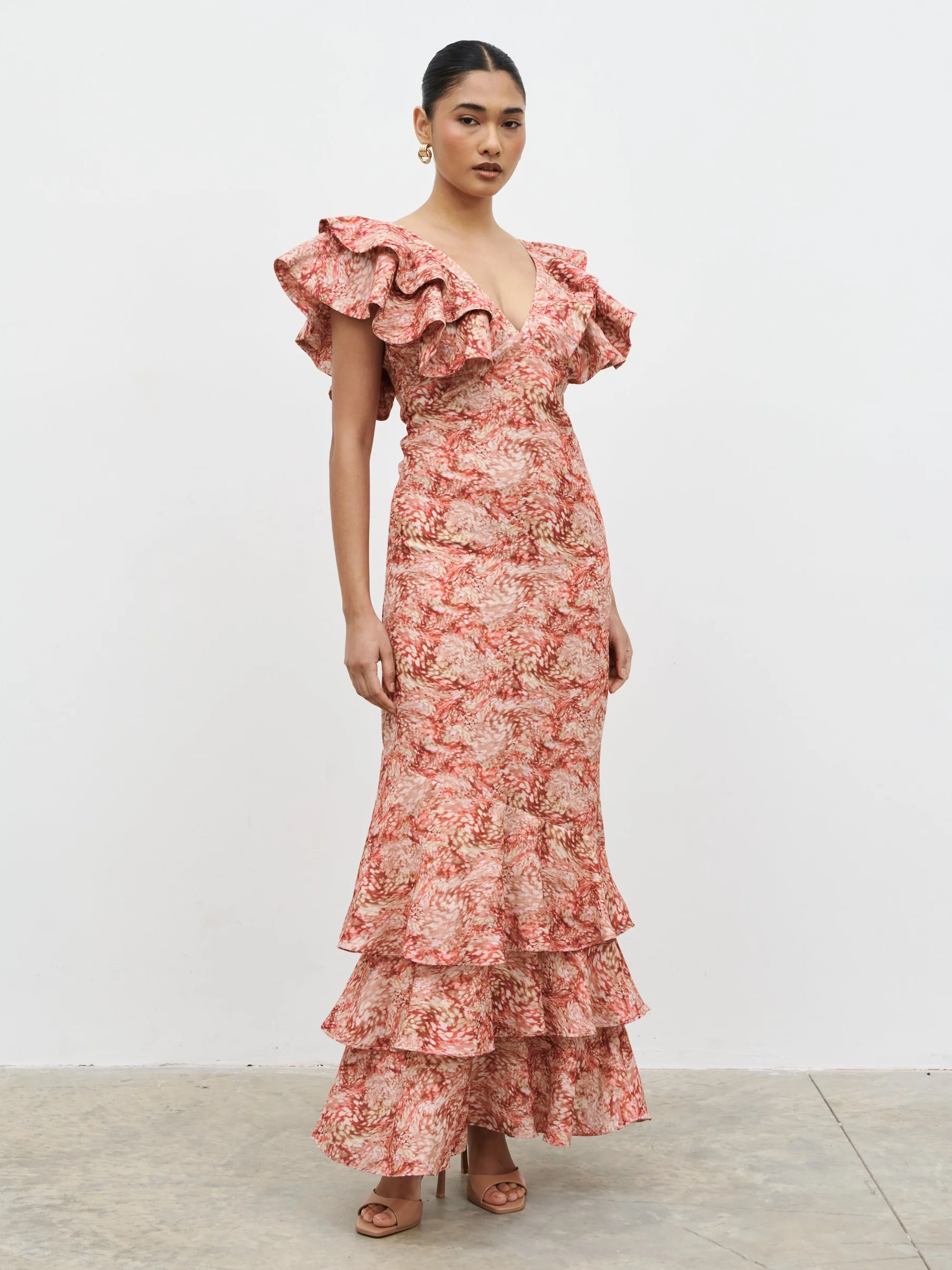Alani V Neck Ruffle Maxi Dress - Berry Multi Abstract - Image 3
