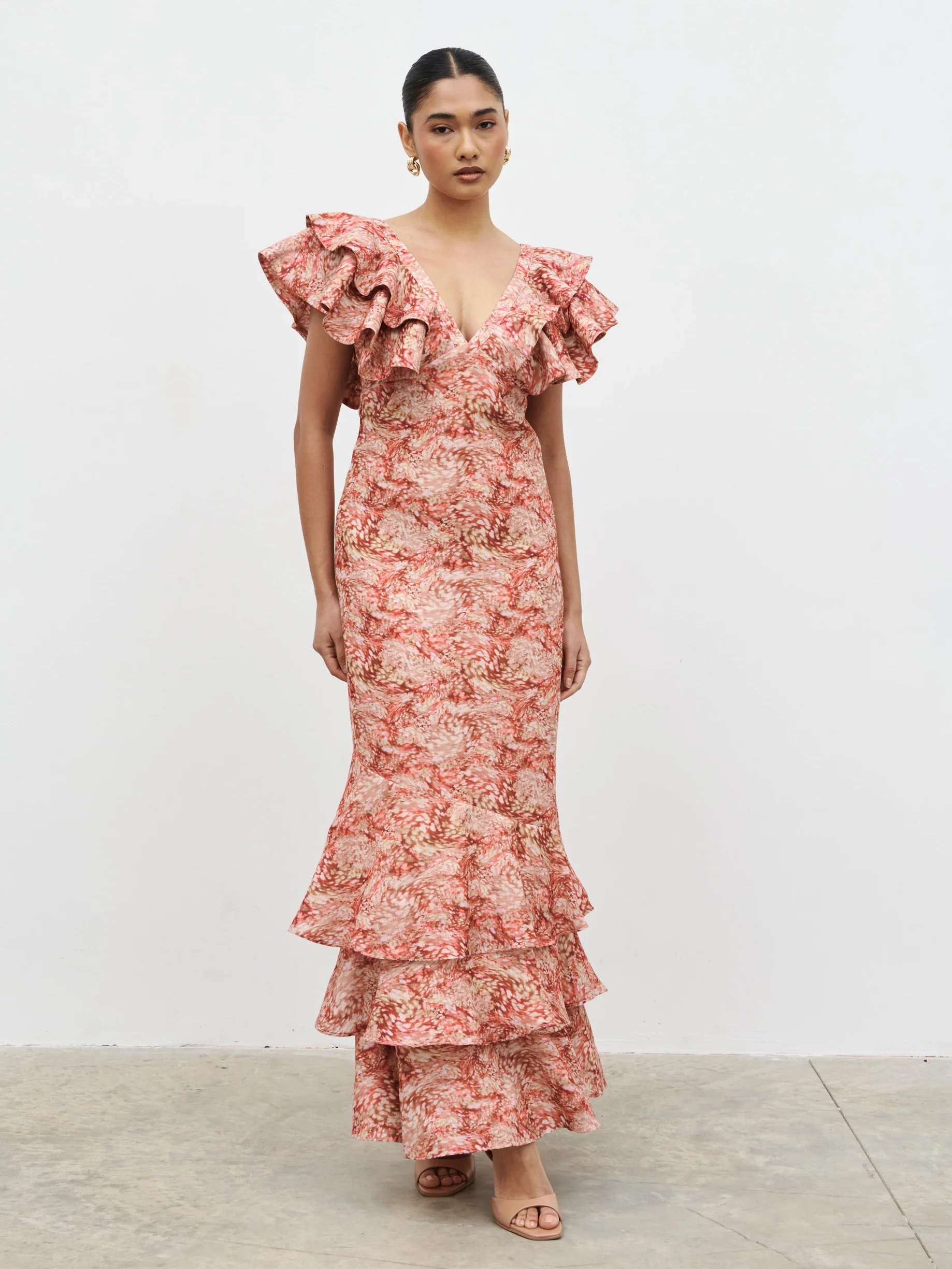 Alani V Neck Ruffle Maxi Dress - Berry Multi Abstract - Image 5