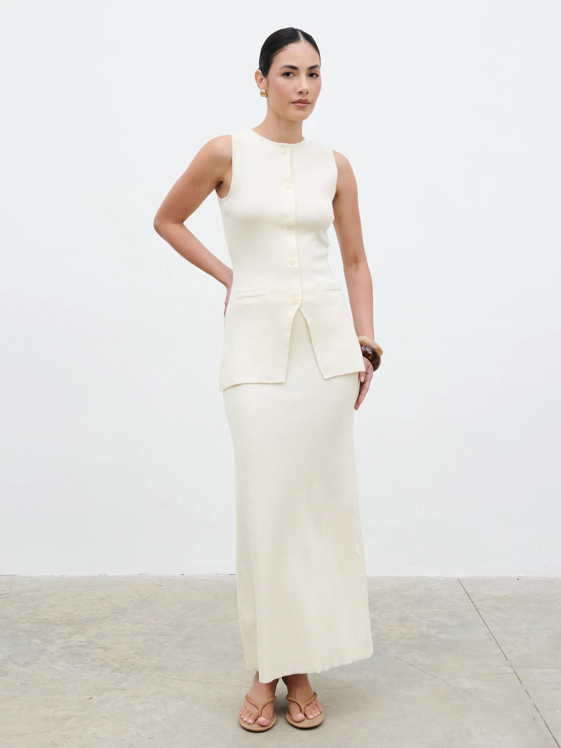 Alba Knit Longline Waistcoat - Cream - Image 3