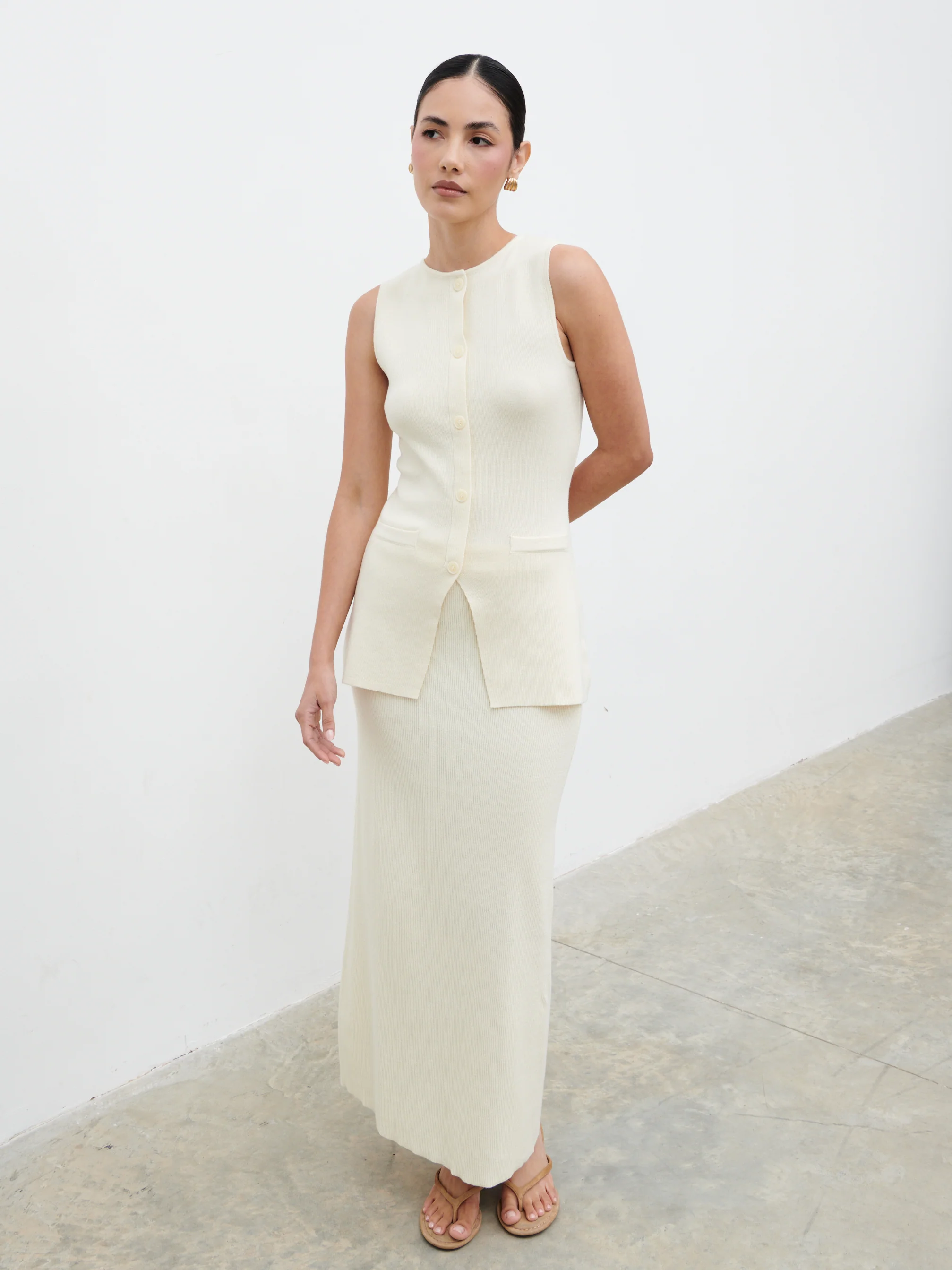 Alba Knit Longline Waistcoat - Cream - Image 5