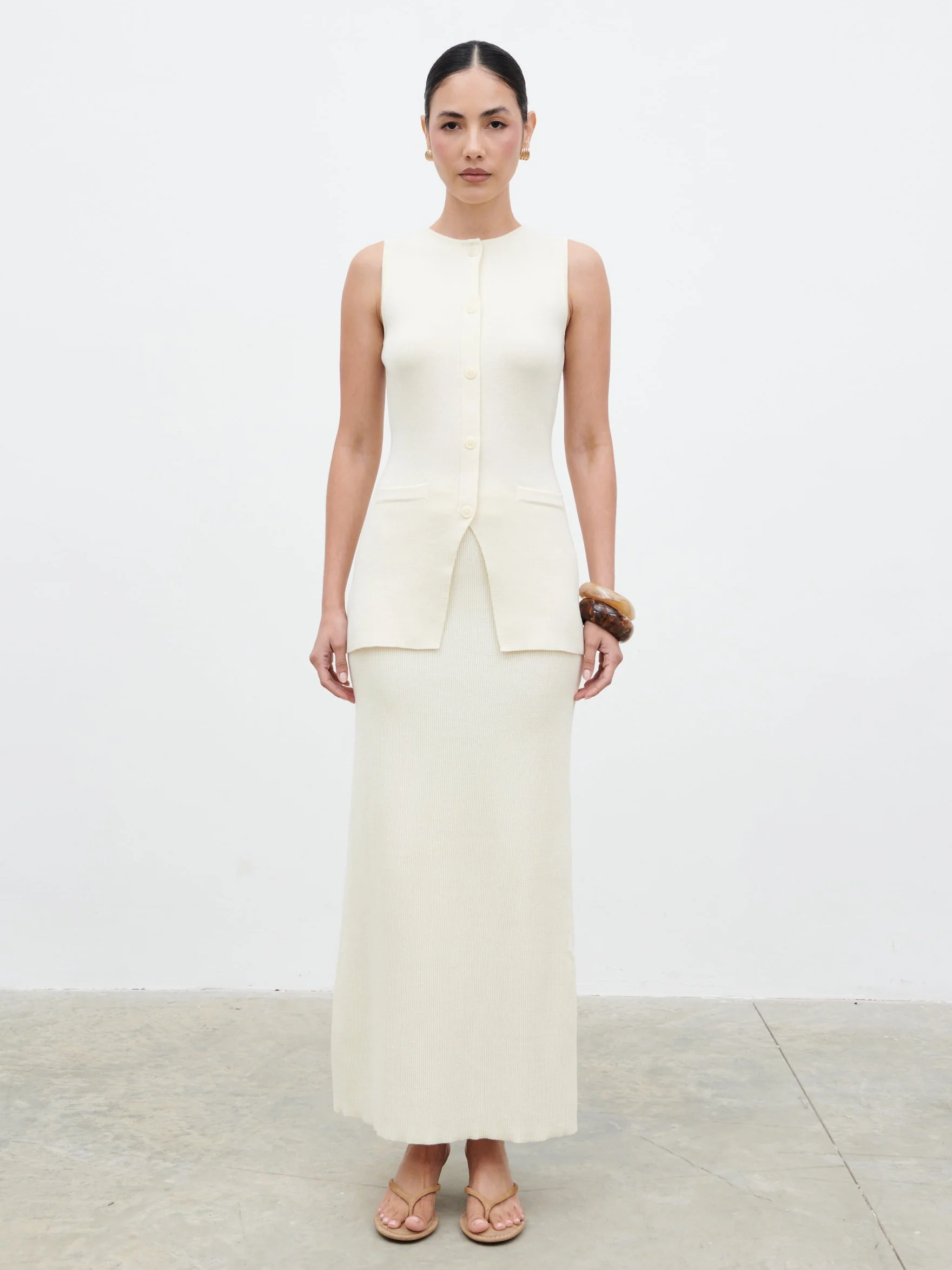 Alba Knit Longline Waistcoat - Cream - Image 8