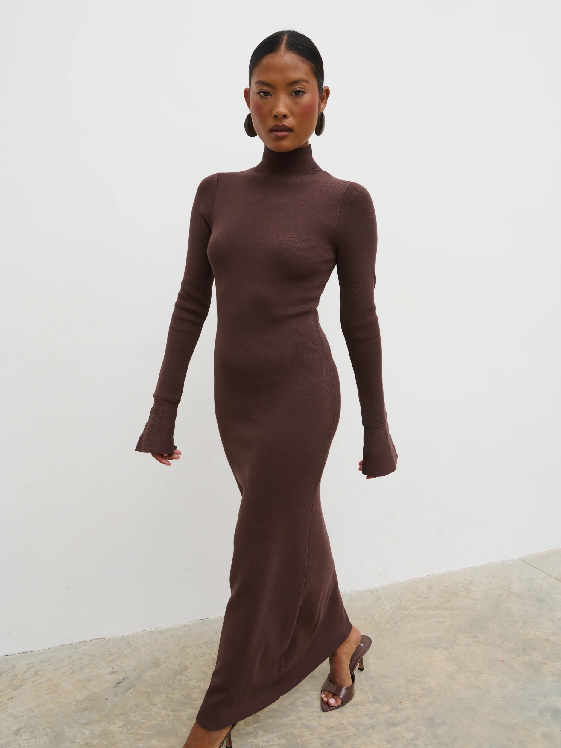 Alina High Neck Knit Midaxi Dress - Brown - Image 3