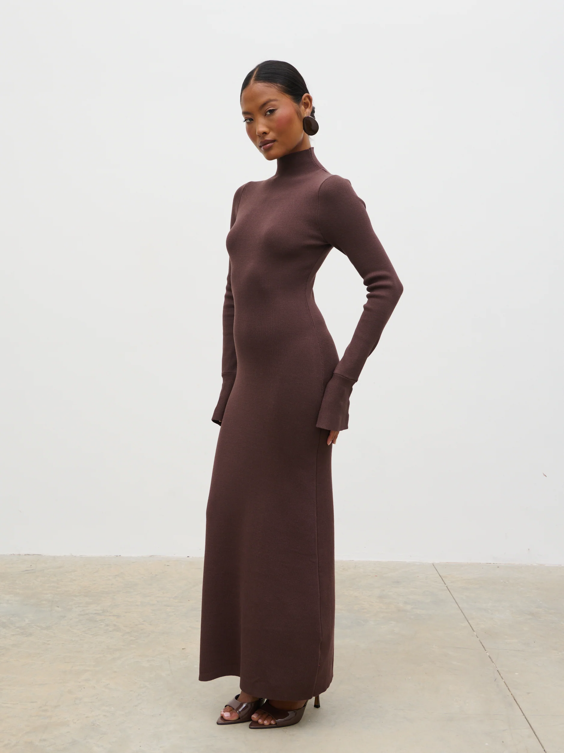 Alina High Neck Knit Midaxi Dress - Brown - Image 4