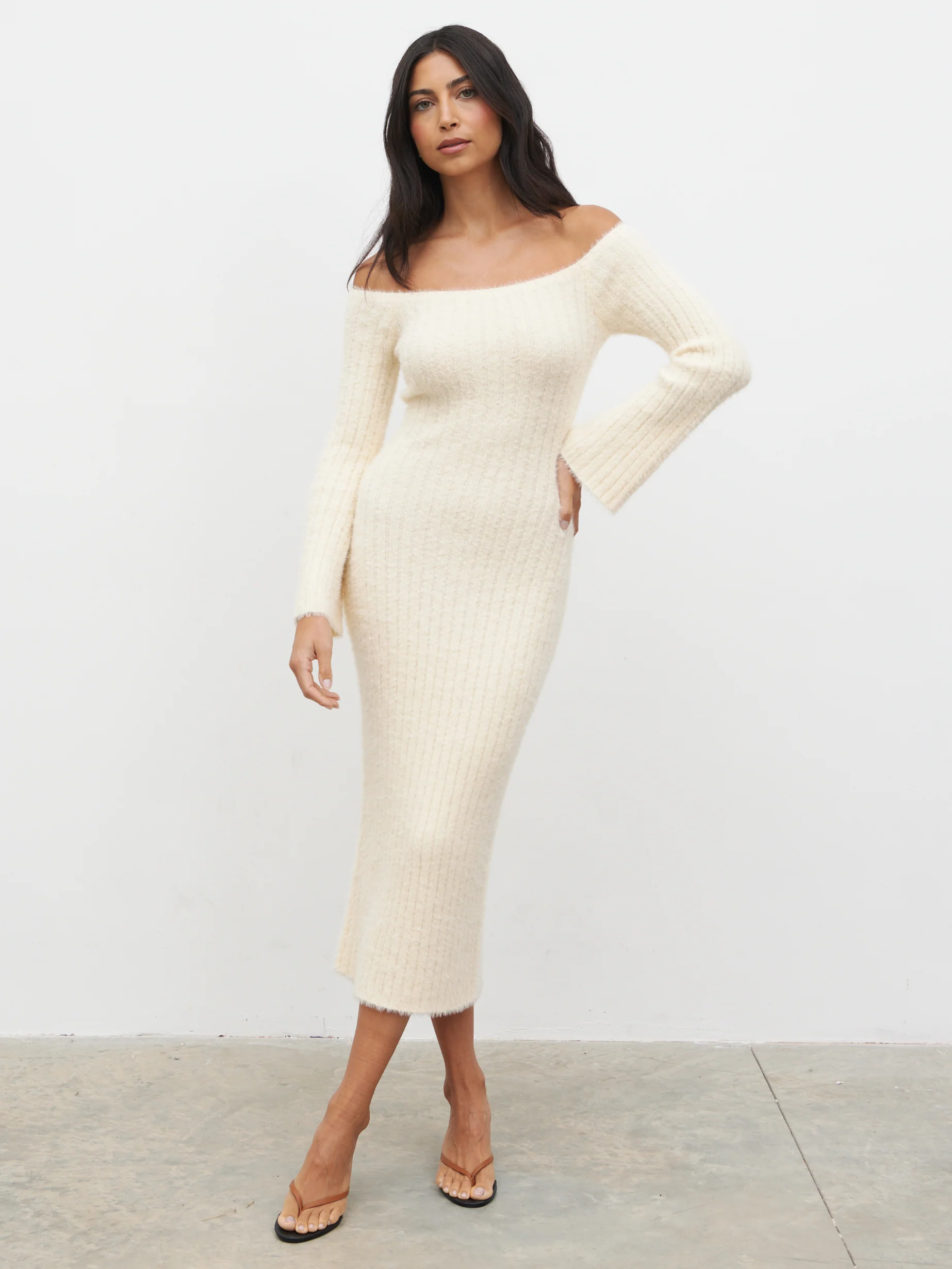 Alora Fluffy Knit Midaxi Dress - Cream - Image 5