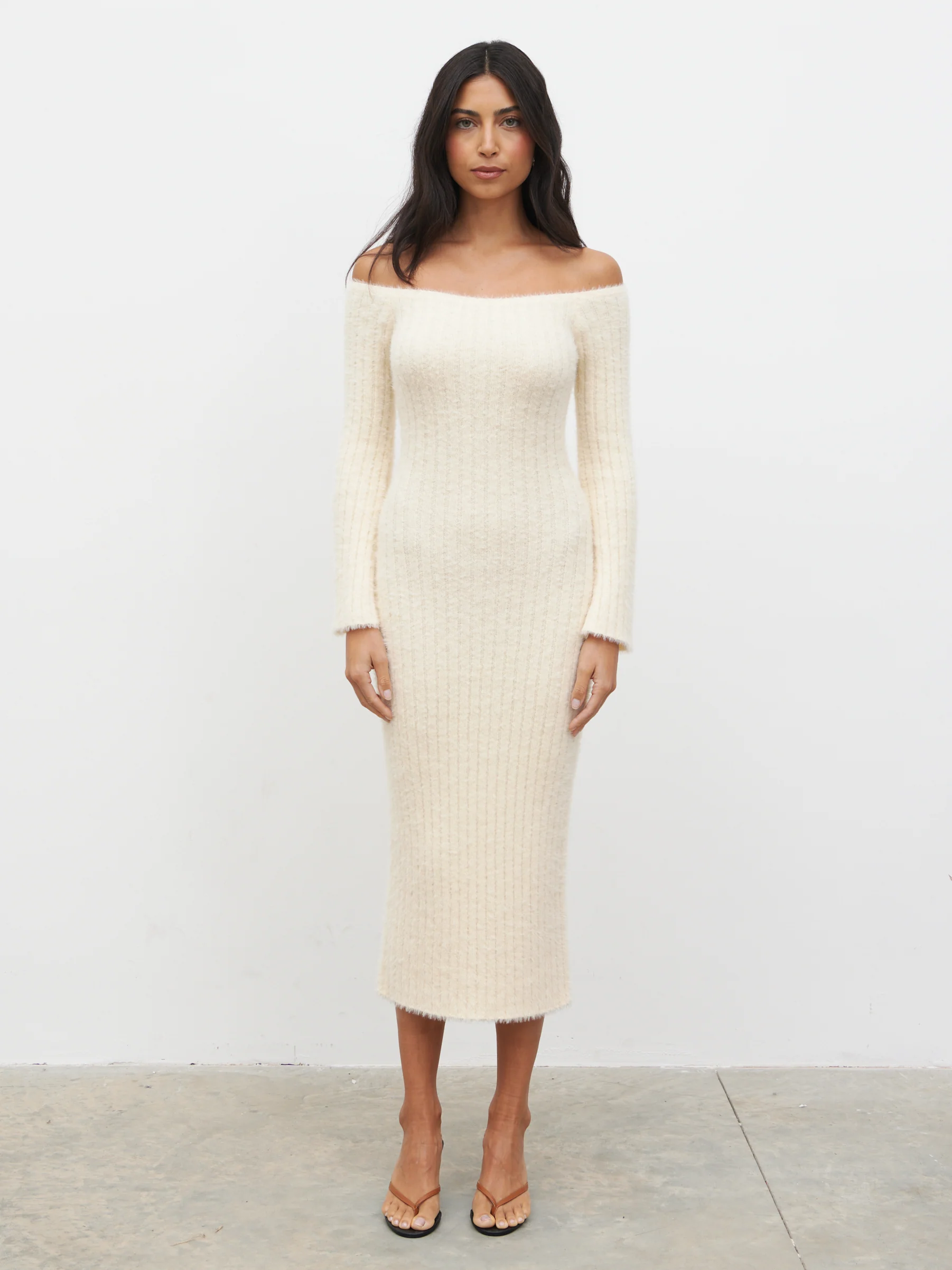 Alora Fluffy Knit Midaxi Dress - Cream - Image 7