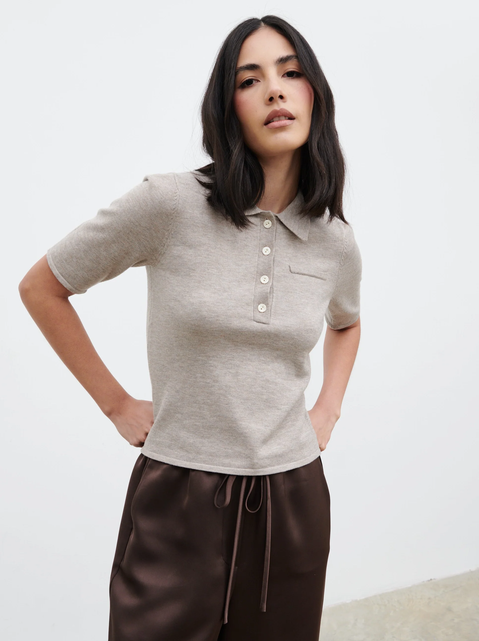 Alva Knitted Polo Top - Light Taupe - Image 2