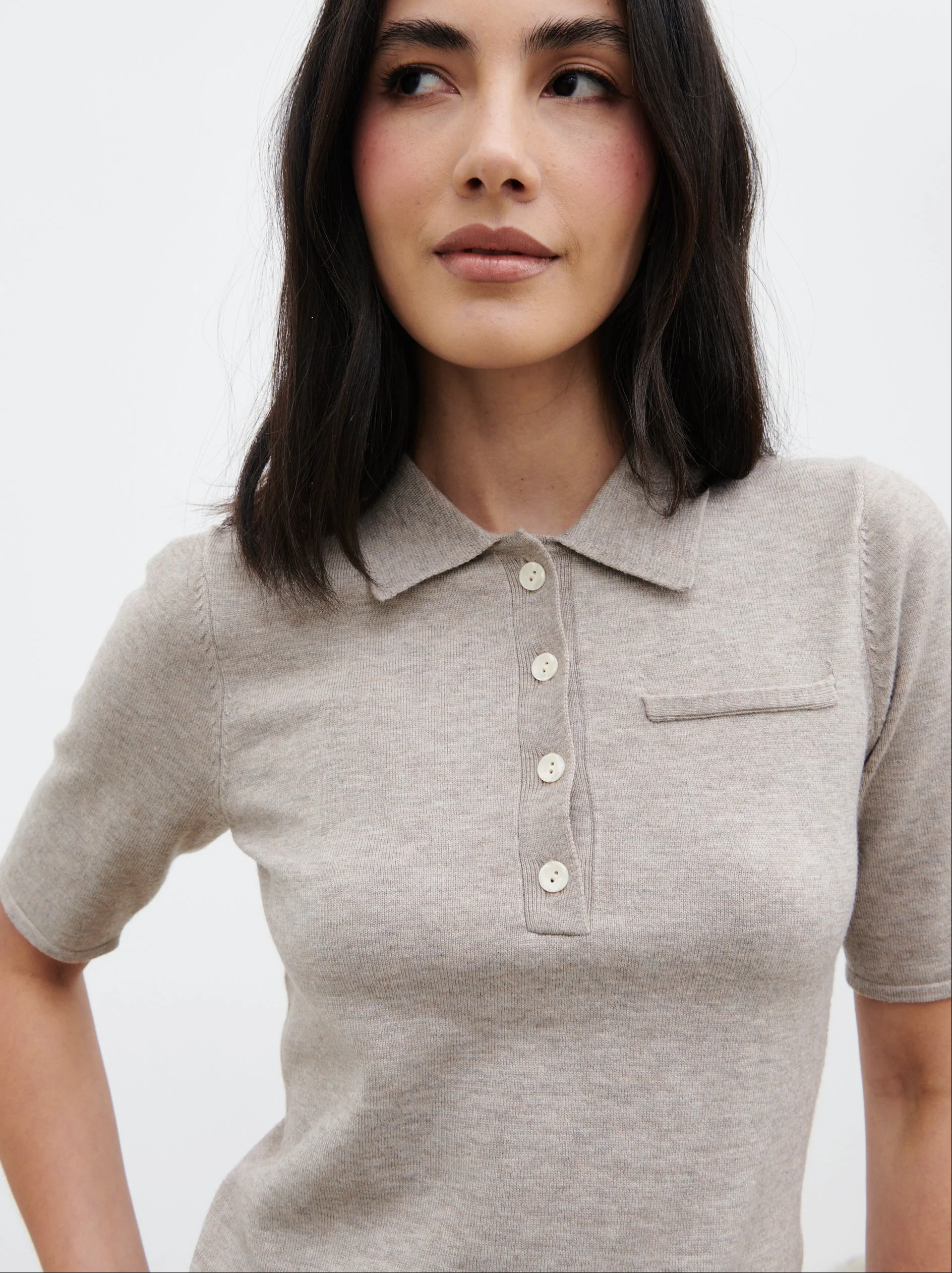 Alva Knitted Polo Top - Light Taupe - Image 3