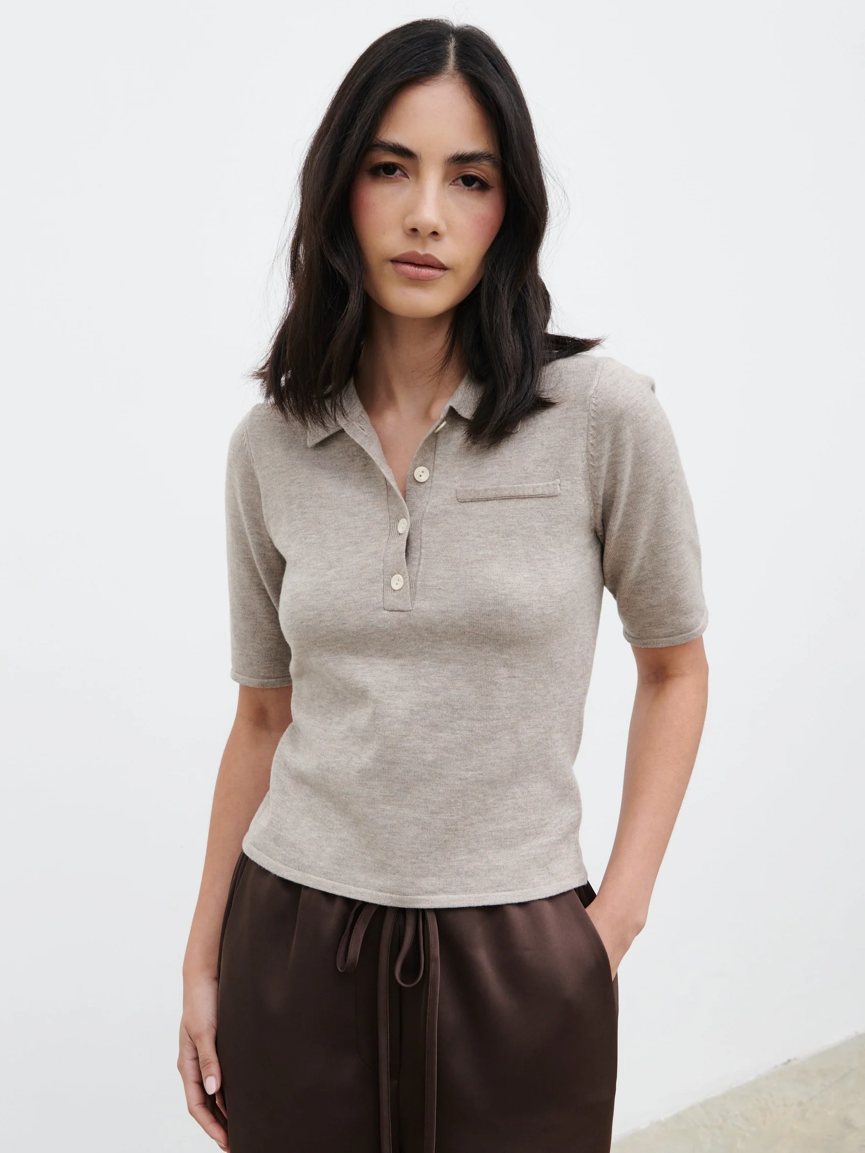 Alva Knitted Polo Top - Light Taupe - Image 6