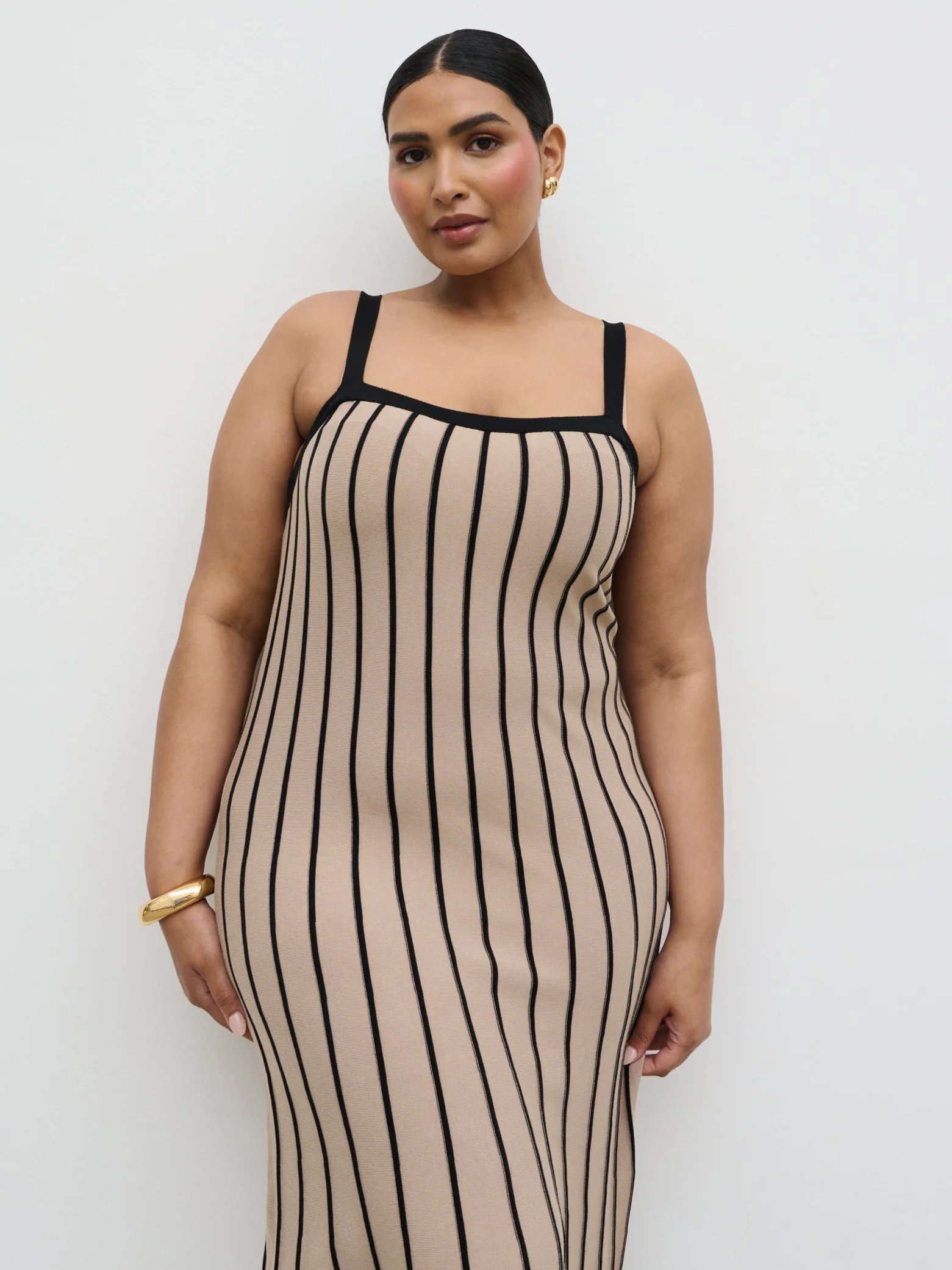 Alyssia Stripe Long Midaxi Knit Dress Curve - Dark Beige and Black - Image 6