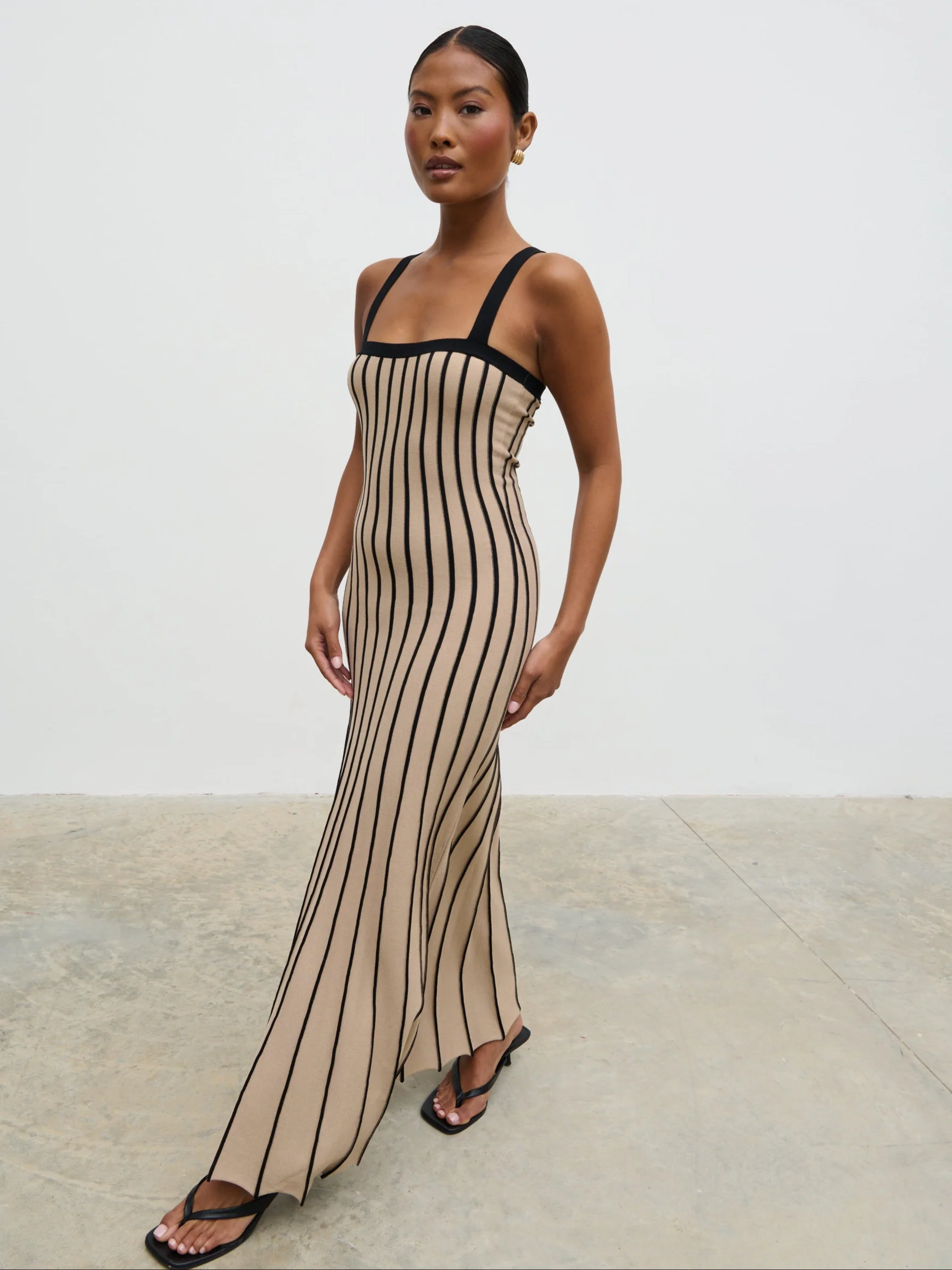 Alyssia Stripe Long Midaxi Knit Dress - Dark Beige and Black - Image 2