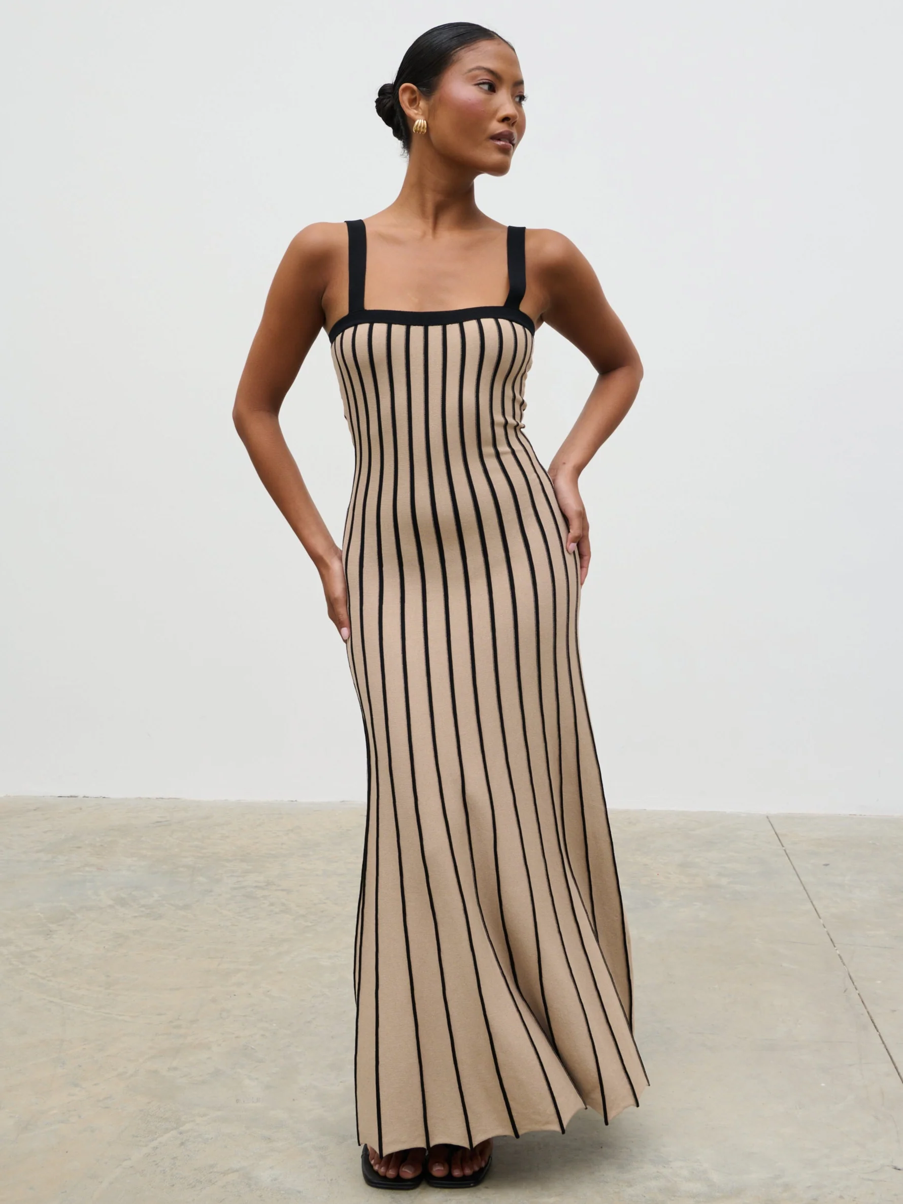 Alyssia Stripe Long Midaxi Knit Dress - Dark Beige and Black - Image 4