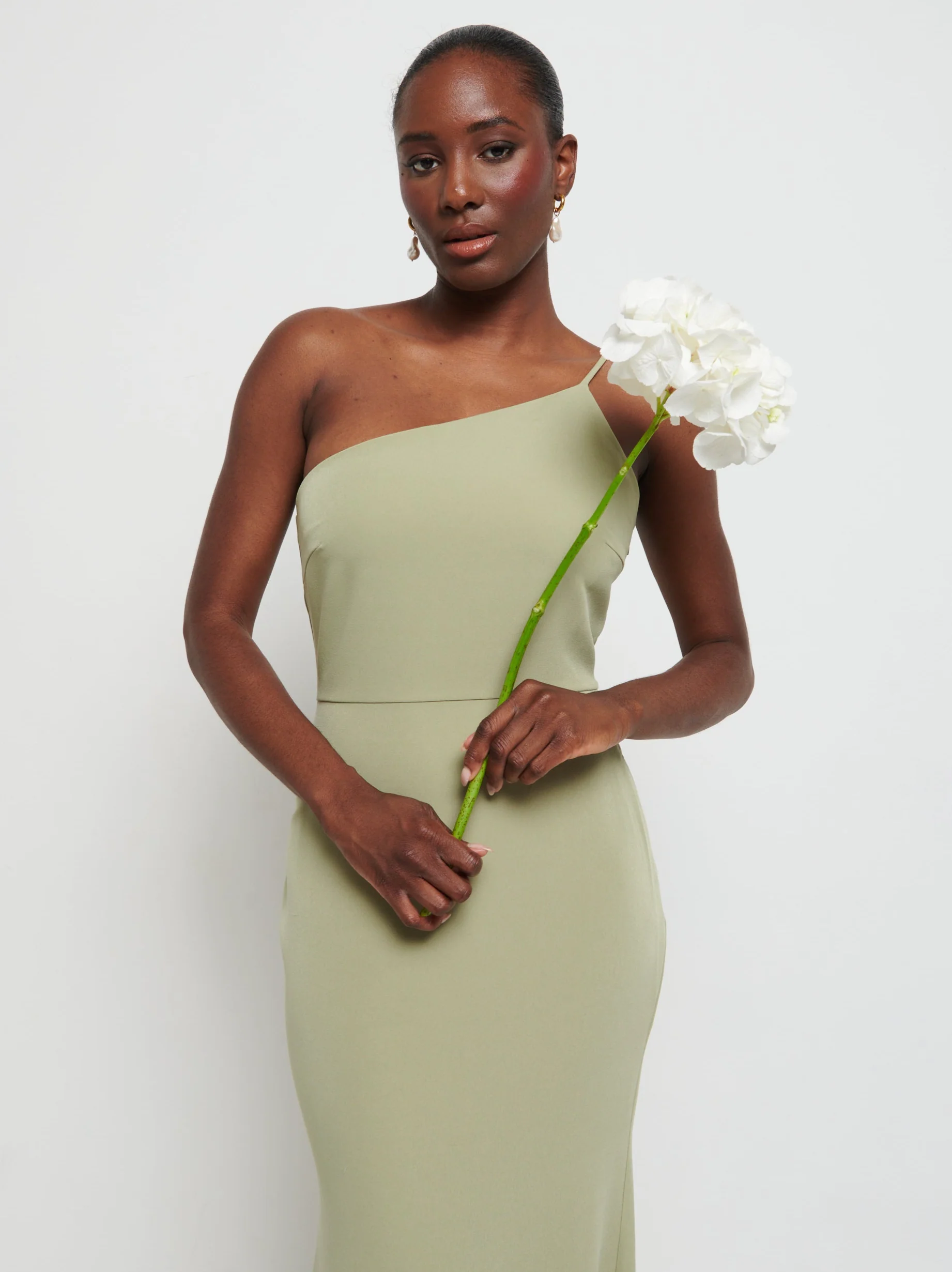 Amelia One Shoulder Crepe Maxi Bridesmaid Dress - Olive - Image 2