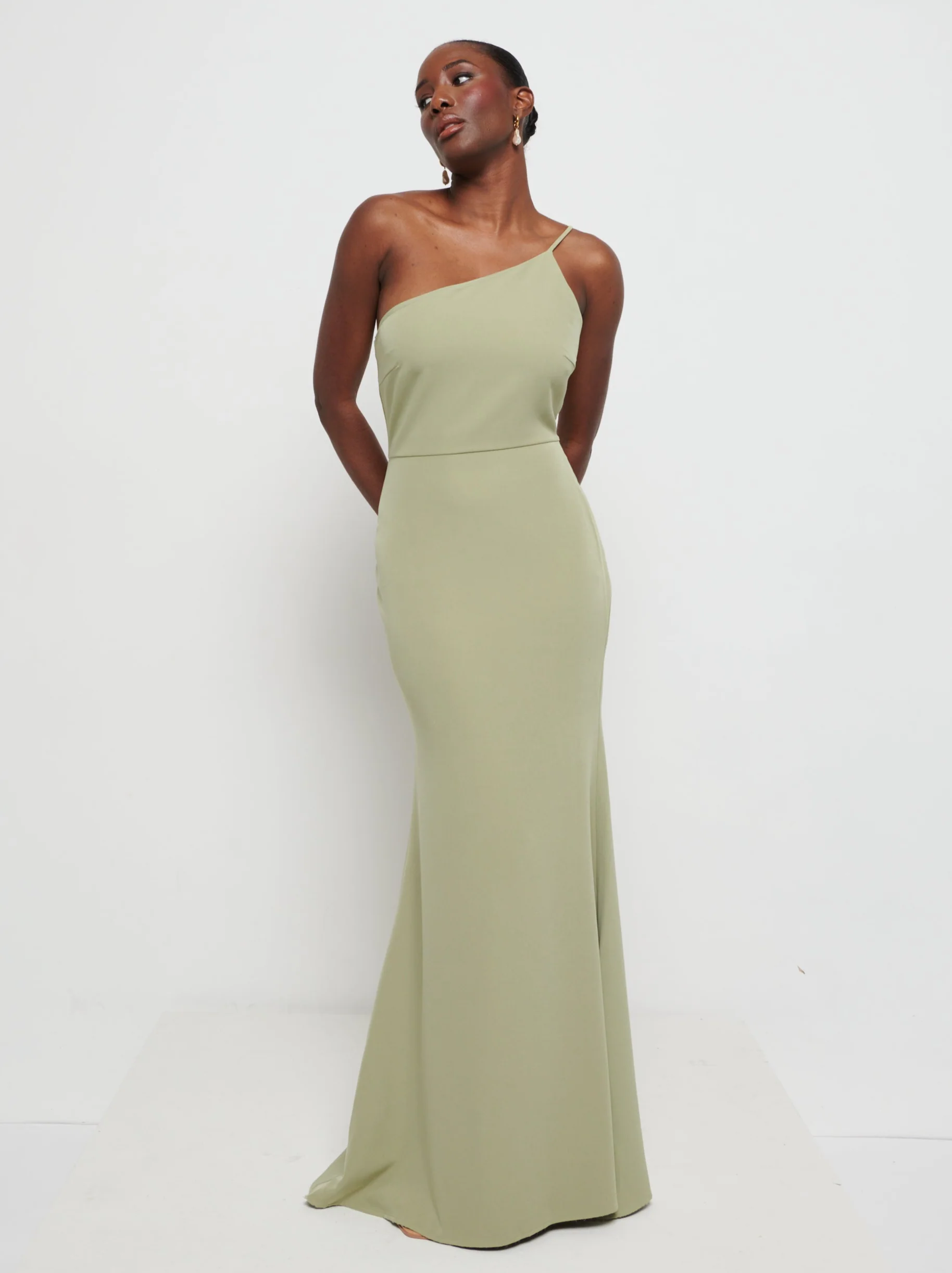 Amelia One Shoulder Crepe Maxi Bridesmaid Dress - Olive - Image 3
