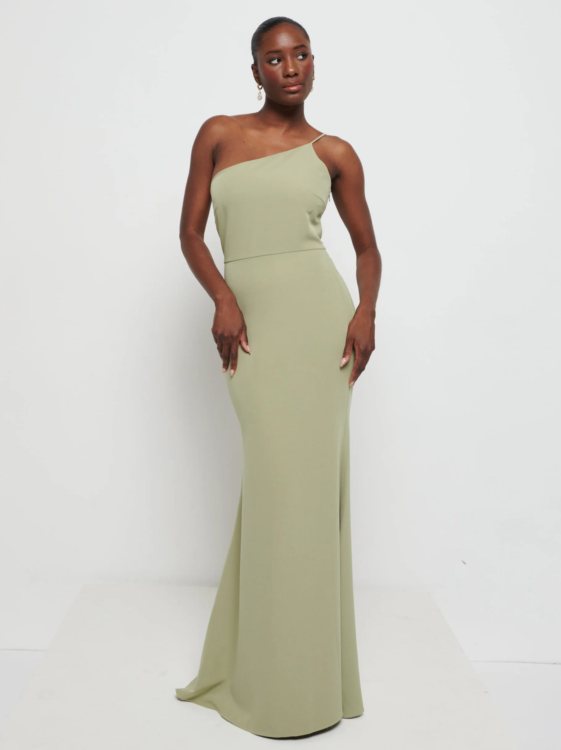 Amelia One Shoulder Crepe Maxi Bridesmaid Dress - Olive - Image 6