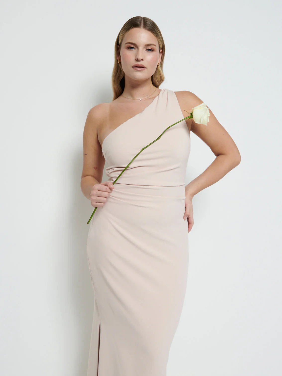 Amelia Crepe Ruched Maxi Bridesmaid Dress - Blush - Image 2