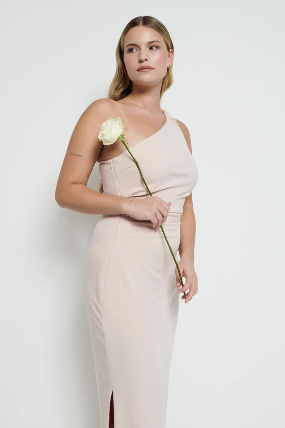 Amelia Crepe Ruched Maxi Bridesmaid Dress - Blush - Image 4