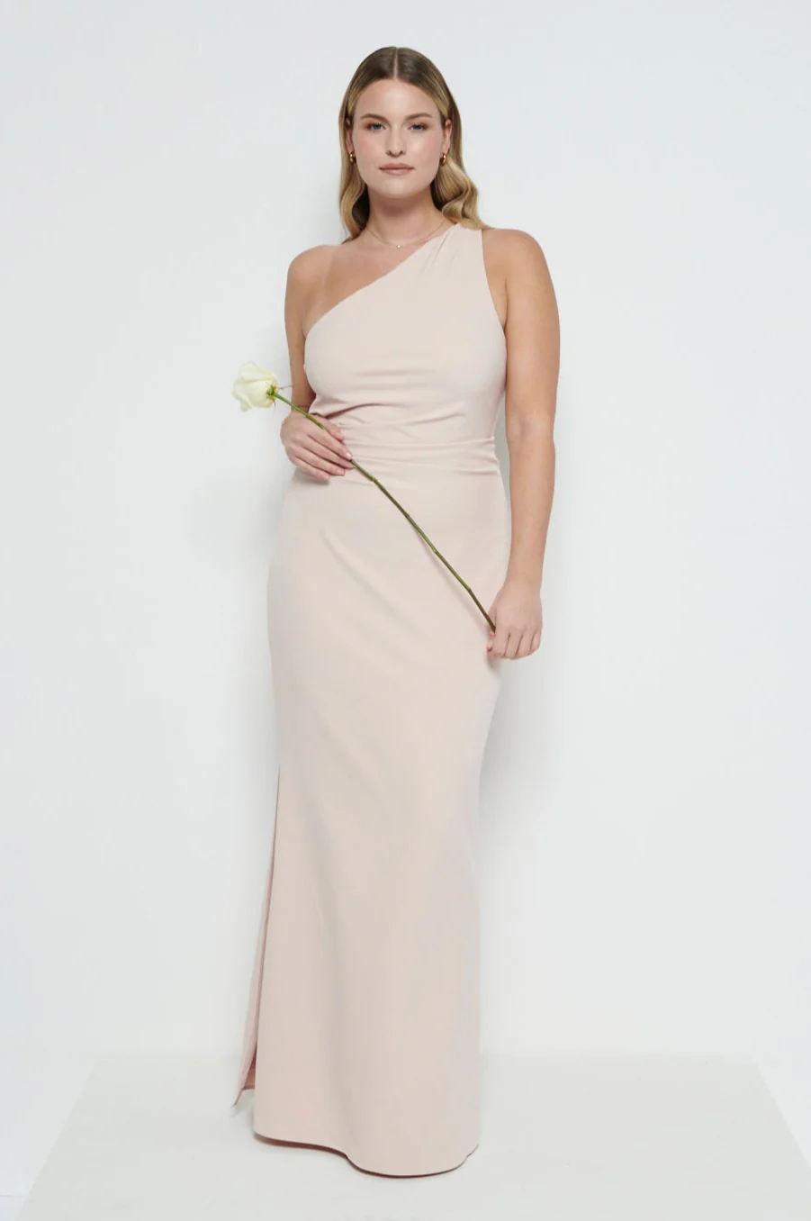 Amelia Crepe Ruched Maxi Bridesmaid Dress - Blush - Image 7