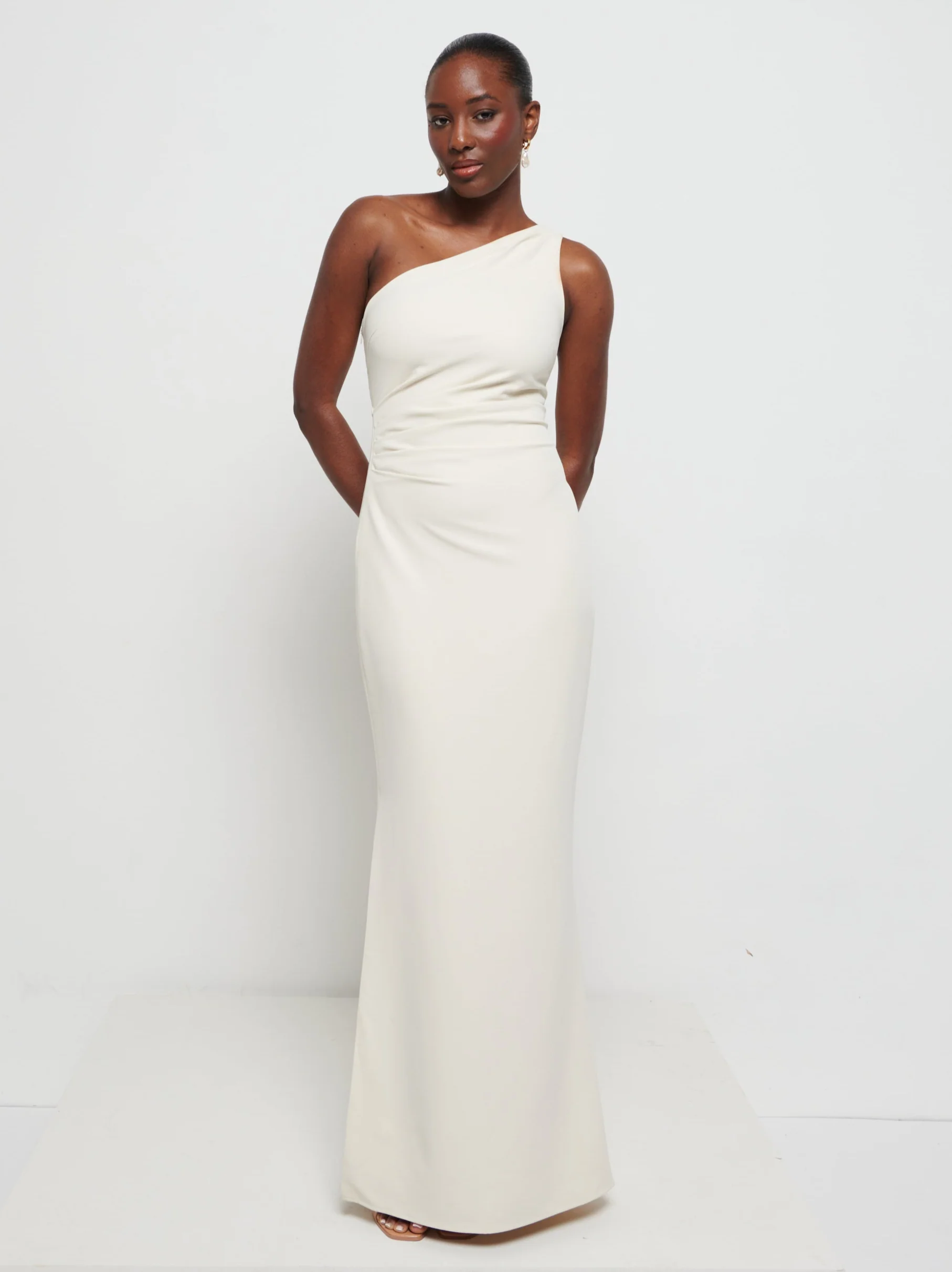 Amelia Crepe Ruched Maxi Bridesmaid Dress - Champagne - Image 4