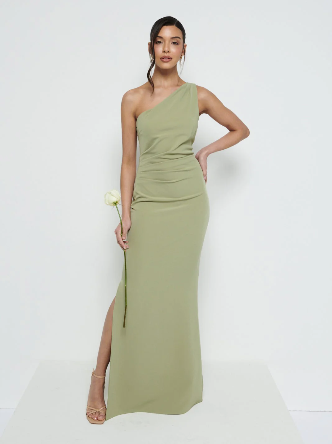 Amelia Crepe Ruched Maxi Bridesmaid Dress - Olive - Image 4