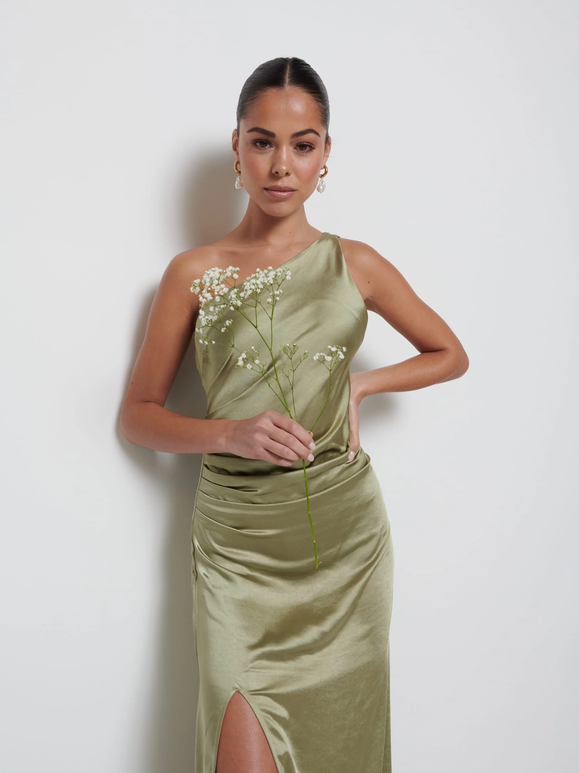 Amelia Ruched Maxi Bridesmaid Dress - Matte Olive - Image 2