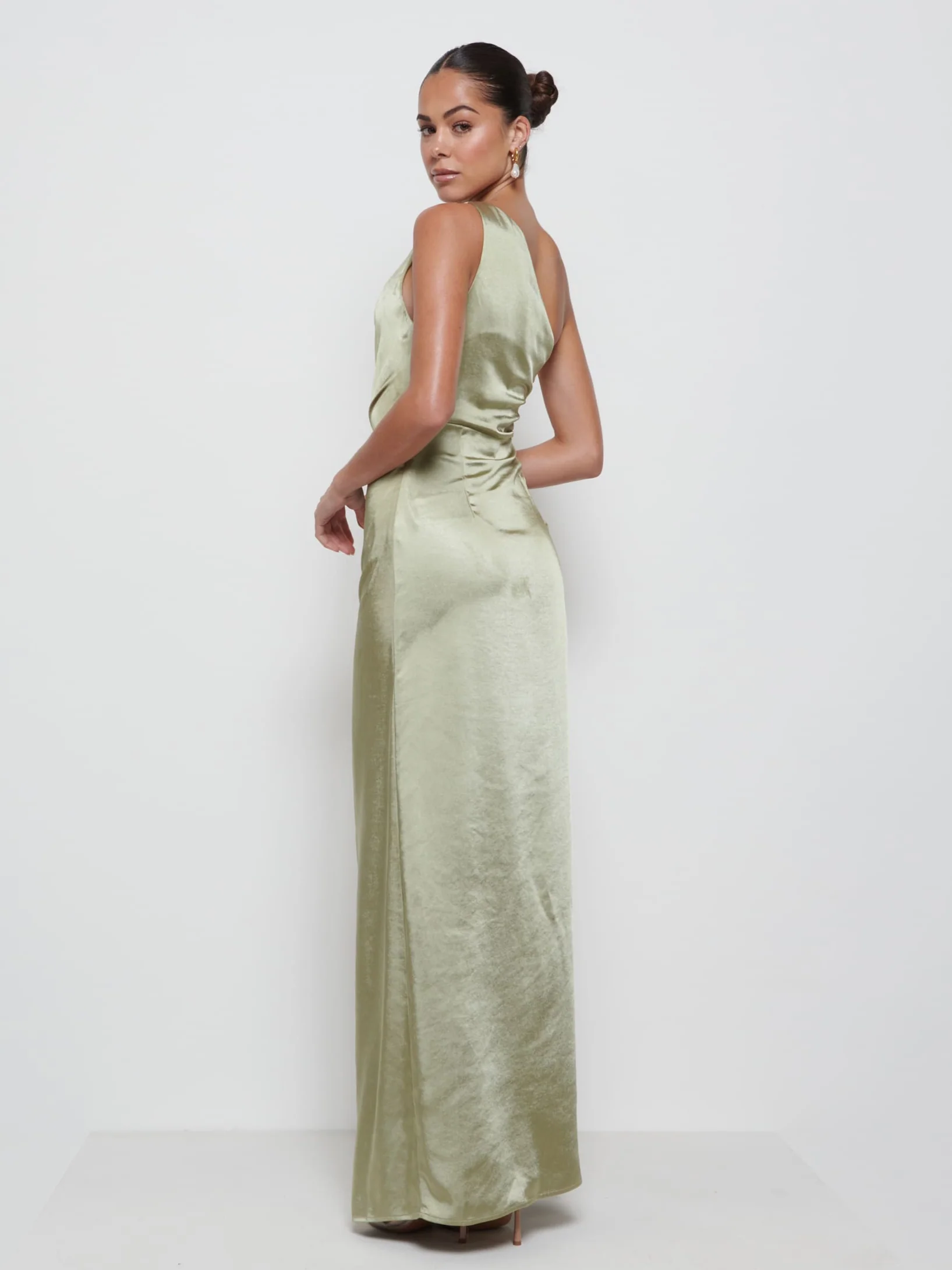 Amelia Ruched Maxi Bridesmaid Dress - Matte Olive - Image 3